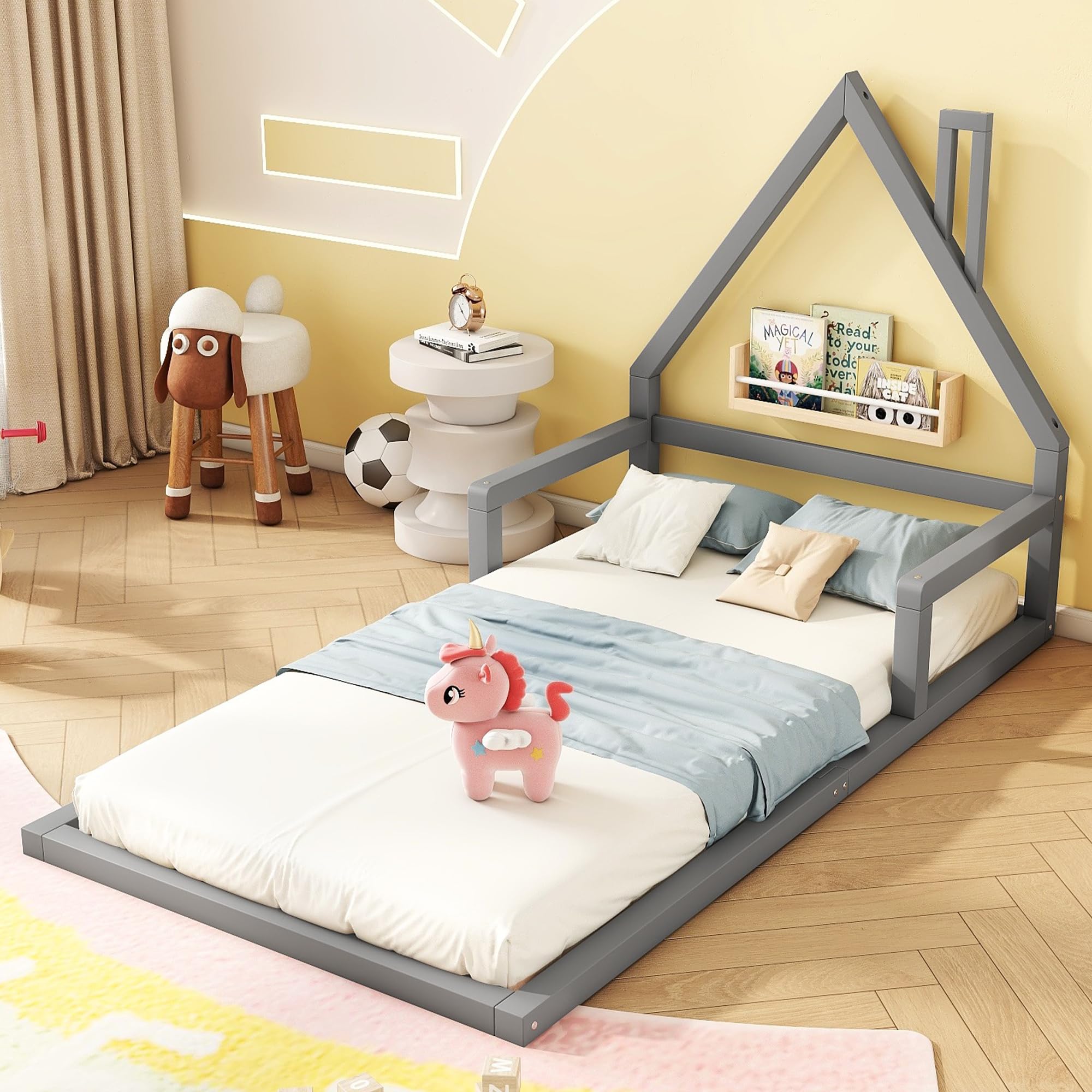 OKMYHOME Łóżko dziecięce 90x200 cm - Łóżko jednoosobowe z litego drewna sosnowego i MDF, klasyczny i solidny design, bez materaca, szare
