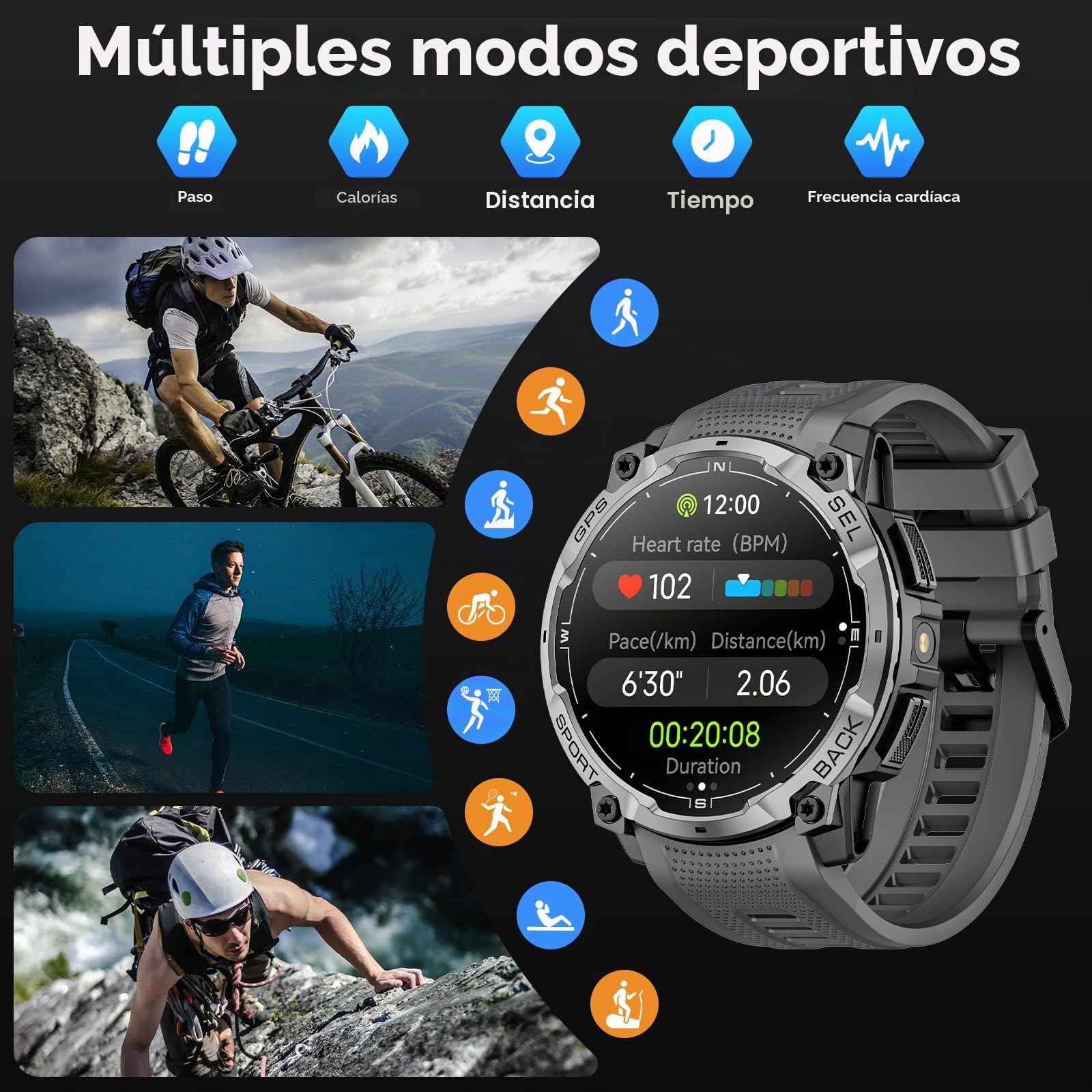Reloj Inteligente Hombre Militar con GPS, 1.43" AMOLED HD Smart Watch con Llamada Bluetooth, Linterna LED, Brújula, Pulsómetro, 100+ Modos Deportivos, 3ATM Impermeable Reloj Deportivo para Android iOS
