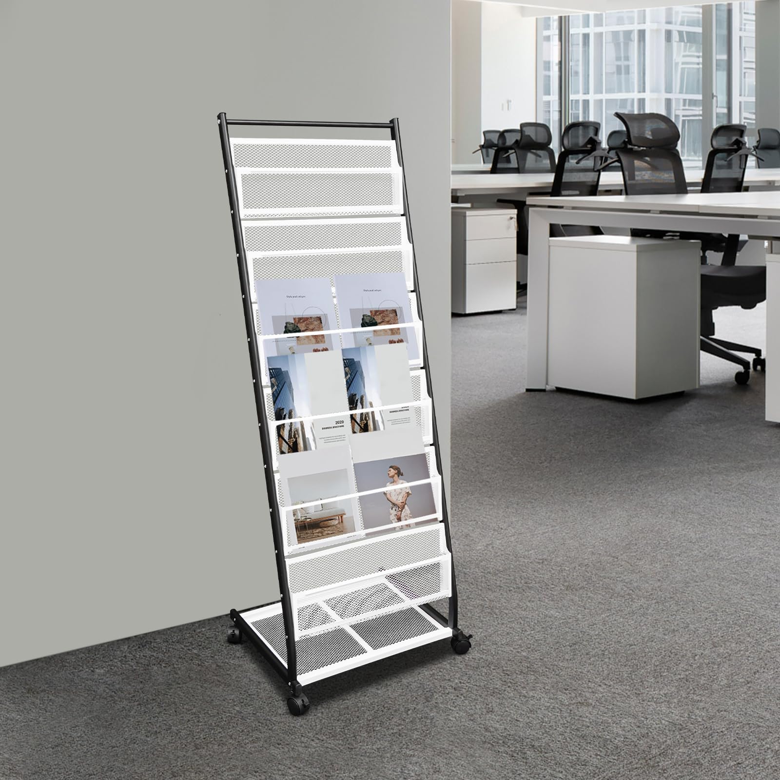 Espositore con opuscoli a 6 livelli, porta riviste su piedi con ruote, supporto per prospetto, cataloghi, riviste e giornali, per negozio Home Office Exposition