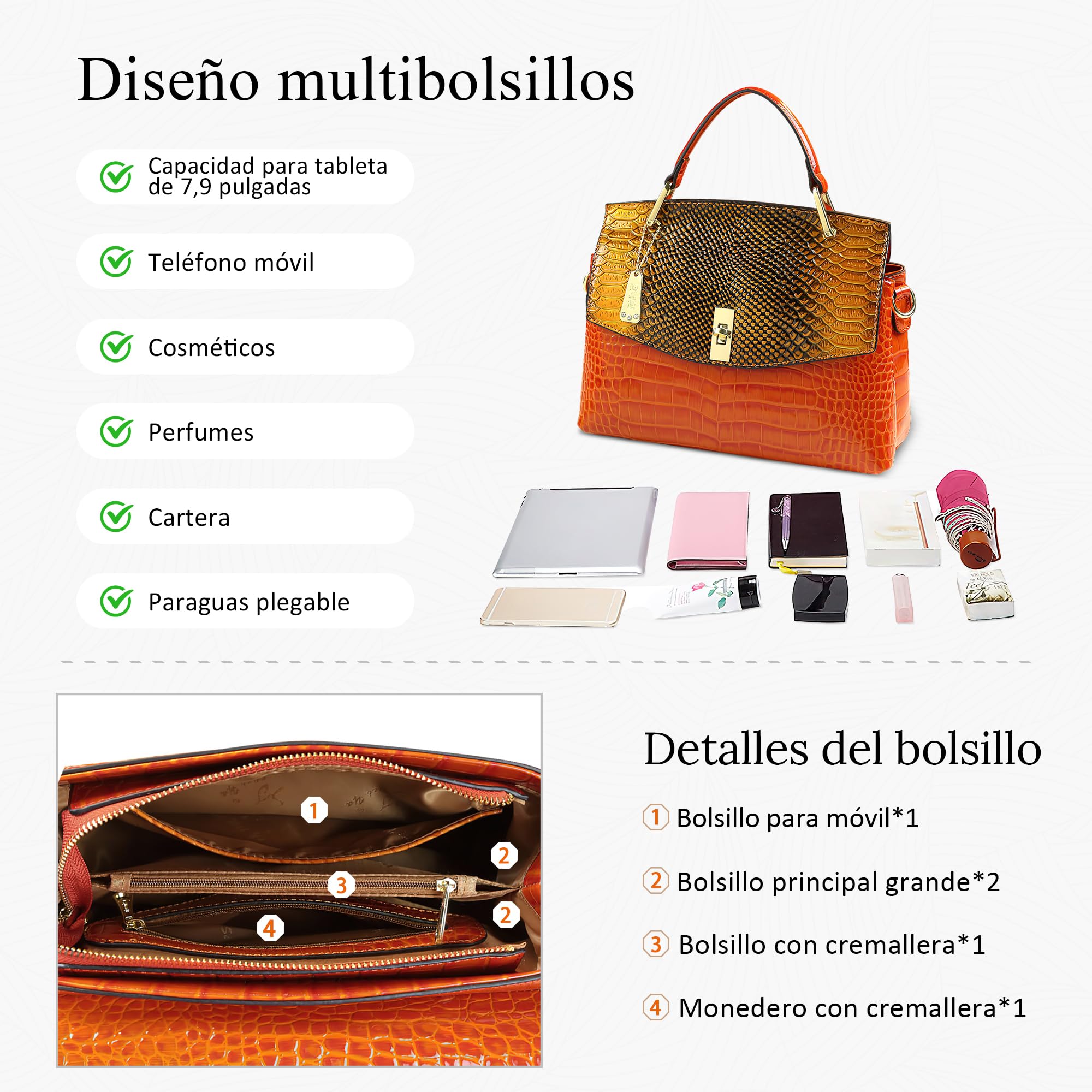 Bolso Elegante Mujer – Bolso de Viaje Casual de Piel PU con Estampado de Cocodrilo a la Moda, Multi Compartimentos & Correa Ajustable, Ideal para Trabajo, Compras y Viajes (Blanco Dorado)
