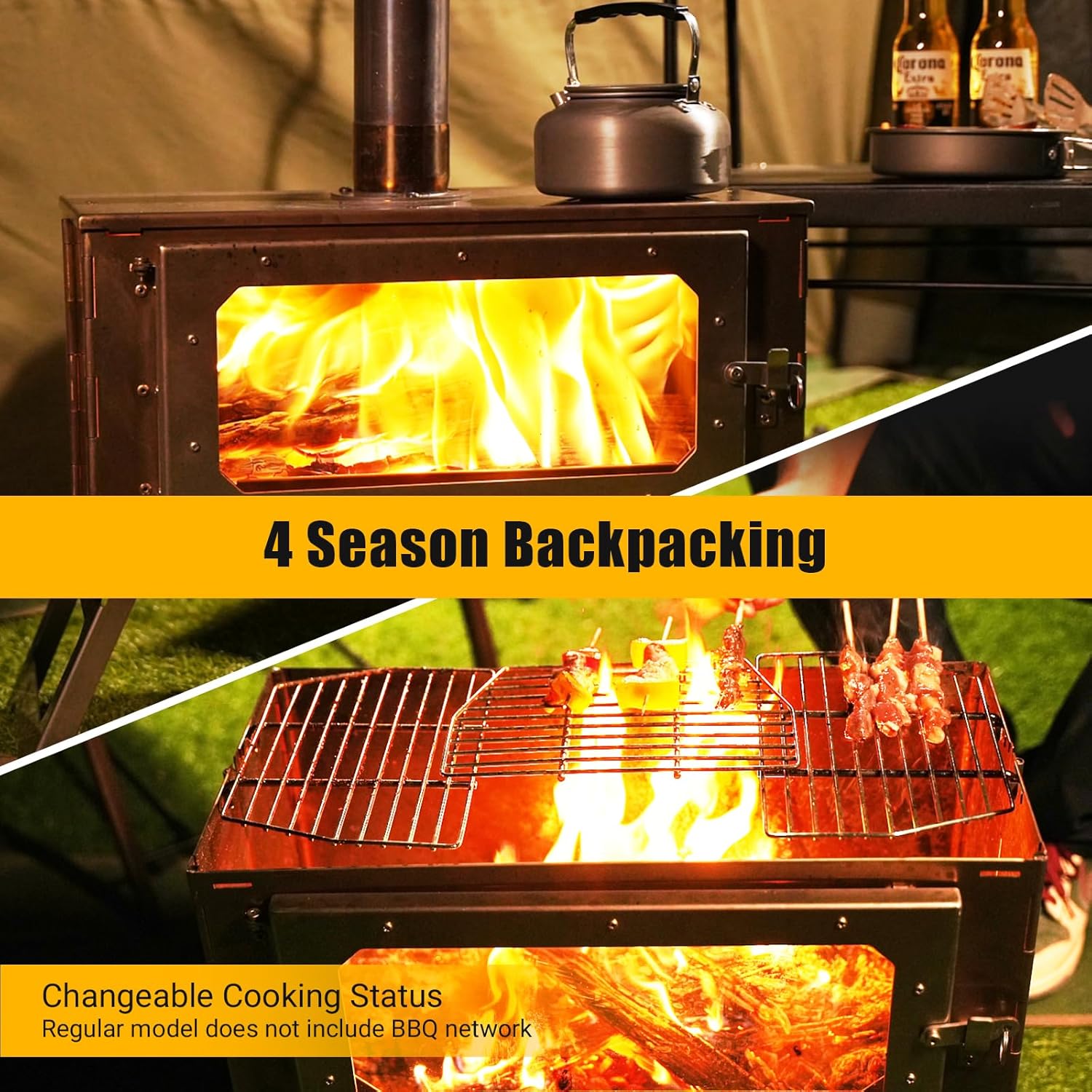 Large Camping Wood Stove, Portable Hot Tent Stove with 5 chimney pipes & 1 Carrying Bag, Stainless Steel Wood Burning Stove for BBQ, Heating, Boiling water, Cooking for Outdoor Camping