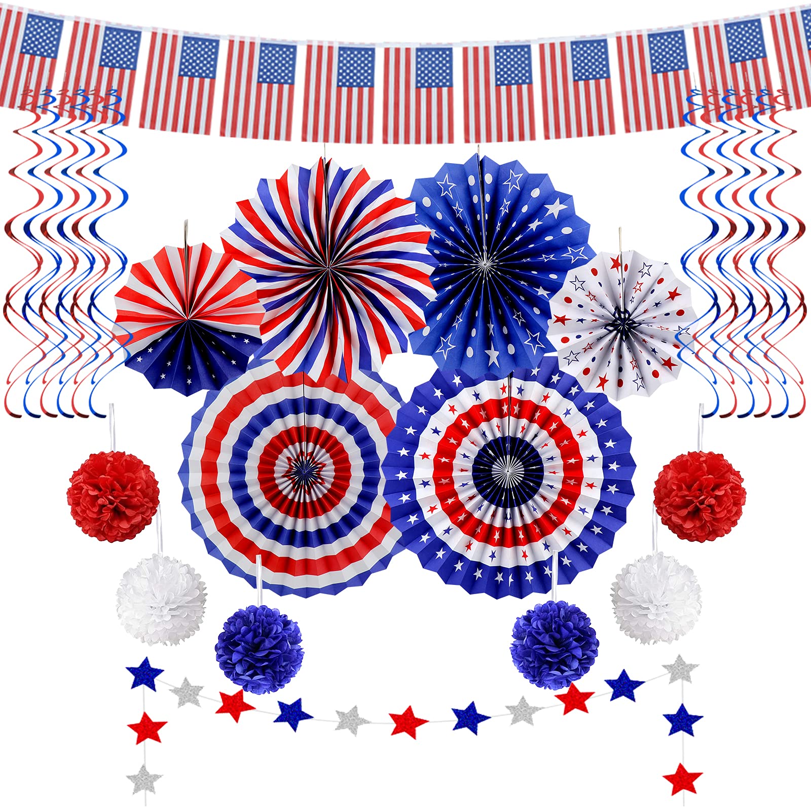 4th of July American Flag Party Supplies Patriotic Party Decorations Foldable Colorful Paper Fans, Tissue Paper Pom Poms, Star Streamers, Love USA Banner Party Favors for American Theme Party