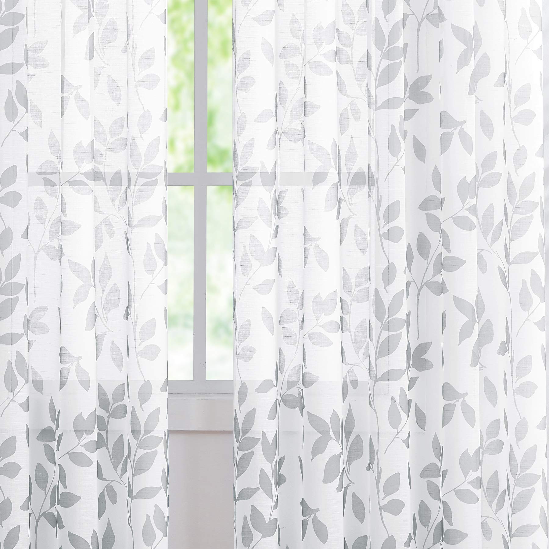 Rideaux transparents blanc-gris à motifs de feuilles pour salon/chambre à coucher - Motif botanique avec filtrage de la lumière - Texture lin rustique avec œillets - 228,6 cm de long x 127 cm de large