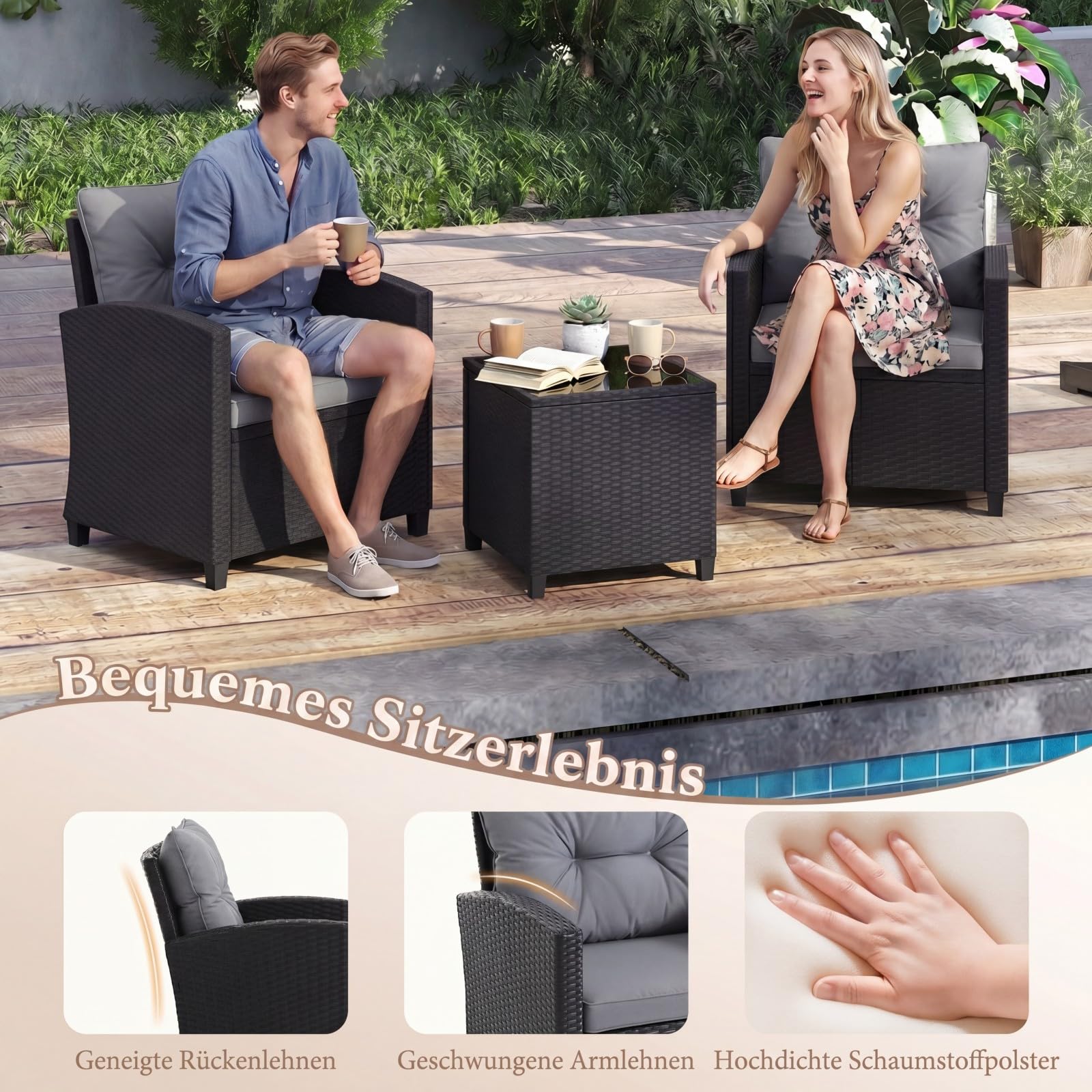 COSTWAY 3-TLG. Rattan Gartenmöbel Set, Balkonmöbel mit Kissen, 2 Stühlen und Tisch, Polyrattan Balkonset, Terrassenmöbel, Gartengarnitur, Sitzgruppe für Terrasse, Balkon, Garten (Grau)