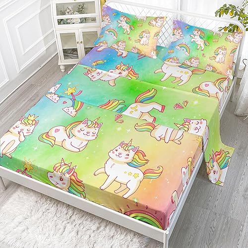 Juego de sábanas bajeras y sábanas encimeras de 4 piezas con estampado de unicornio arcoíris con 1 sábana encimera y 1 sábana bajera + 2 fundas de