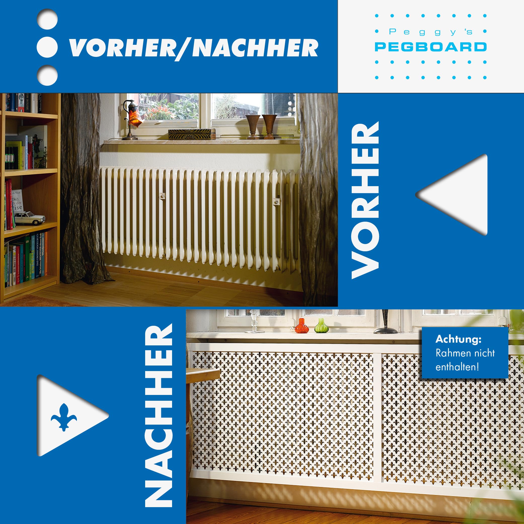 PEGBOARD - PARIS Lochwand 122 x 61 x 0,3 cm MDF Holzplatte weiß lackiert - Deutsches Produkt - Heizkörperverkleidung, Türfüllung, Paravent oder Lüftungsgitter - Dekorative Lochplatte [Einzelpack]