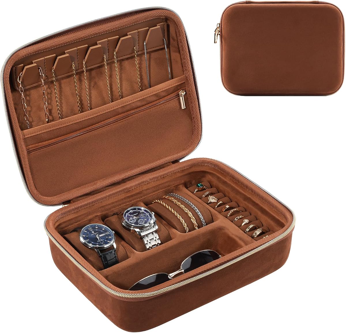 ProCase Mens Travel Jewelry Case, Jewelry Box & Organizer for Men -Brown | Extra Large 3-Slot Case for Watches, Necklaces, Rings & Bracelets, Zippered Organizer Bag