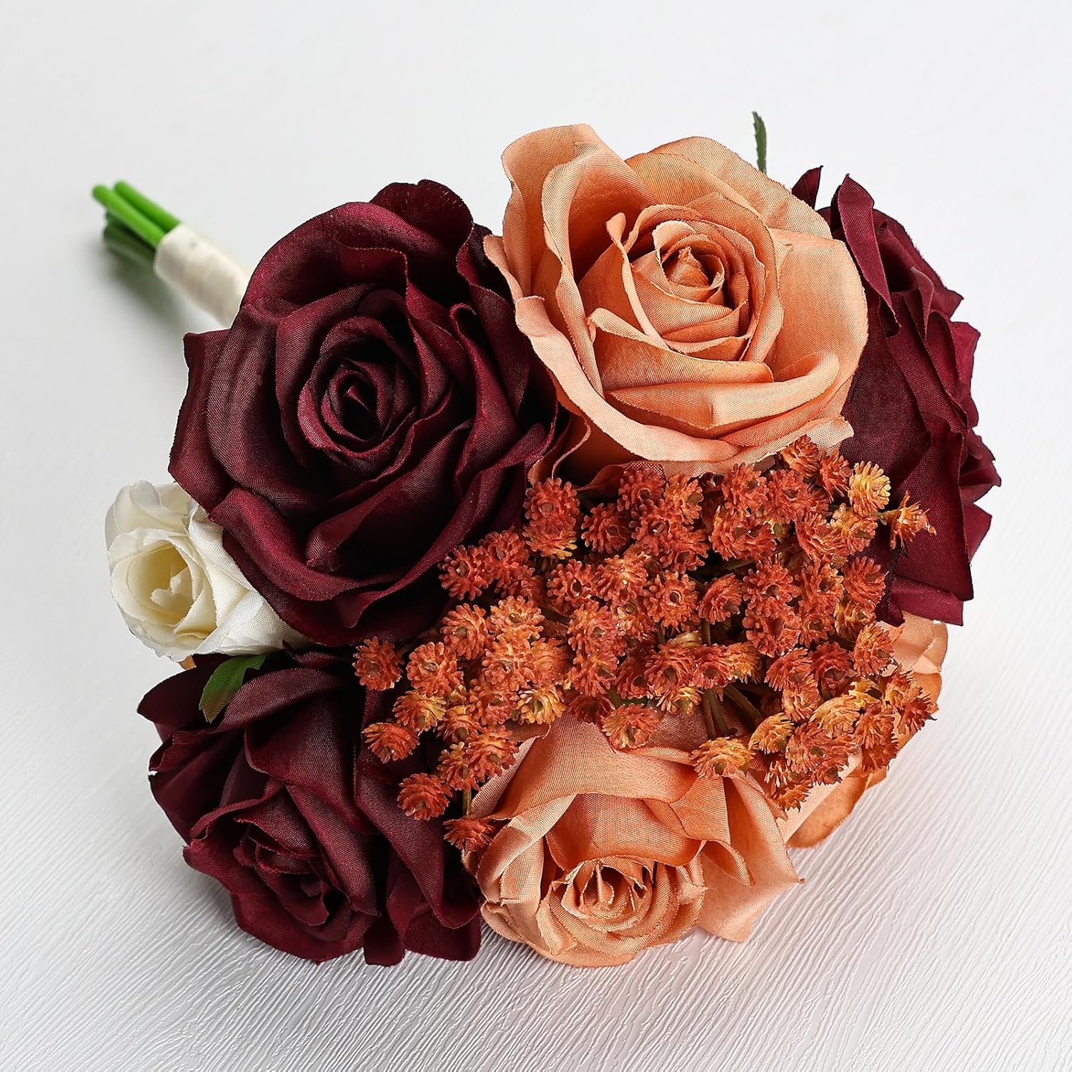 Wedding Bridesmaid Bouquets Set of 6, Artificial Silk Flowers Arrangement for Ceremony Marriage Proposal Party Anniversary Decorations - Burnt Orange & Burgundy