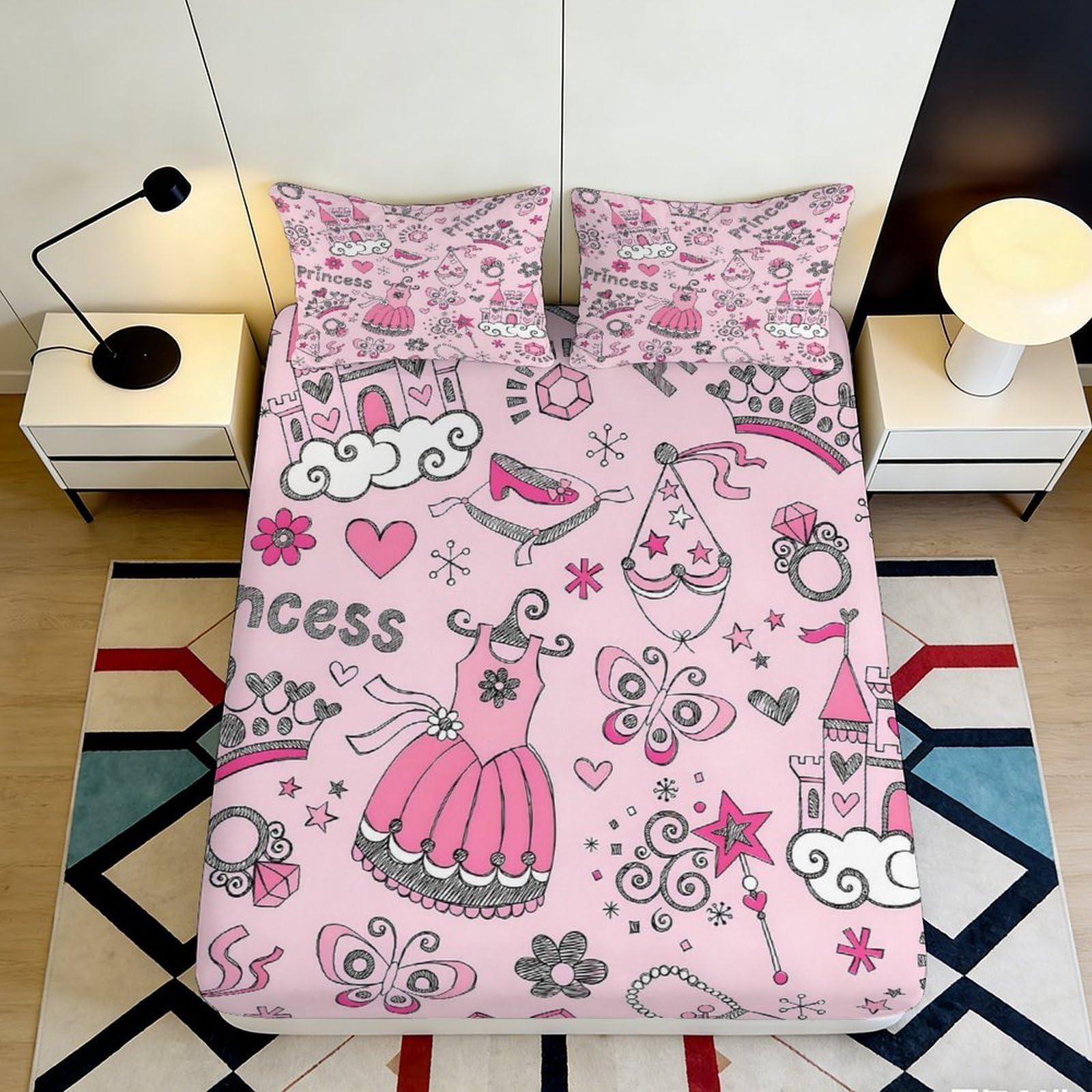 3D Printed Princess Pink Fitted Sheet Microfiber Soft Breathable Castle Bed Cover for Bedroom Dormitory Guest Room Mattress Protection Decor 140x200x25cm