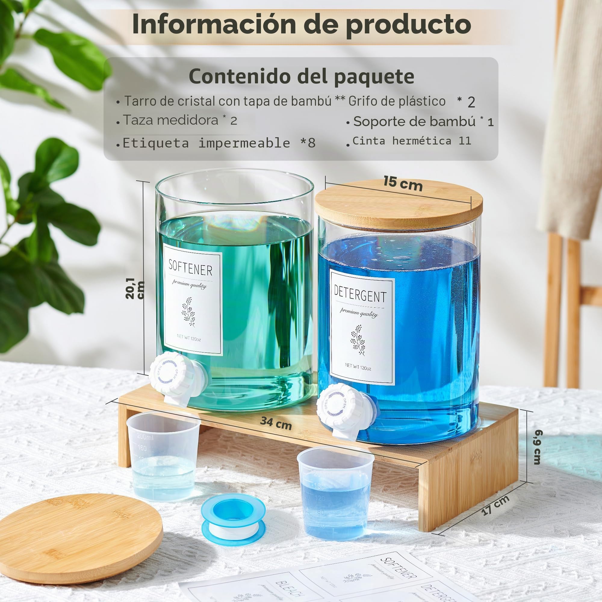 Dispensador de detergente de vidrio para ropa con estante y tapa de bambú, detergente líquido de 3,5 litros, dispensador de jabón para ropa y suavizante de tela para organización y almacenamiento del