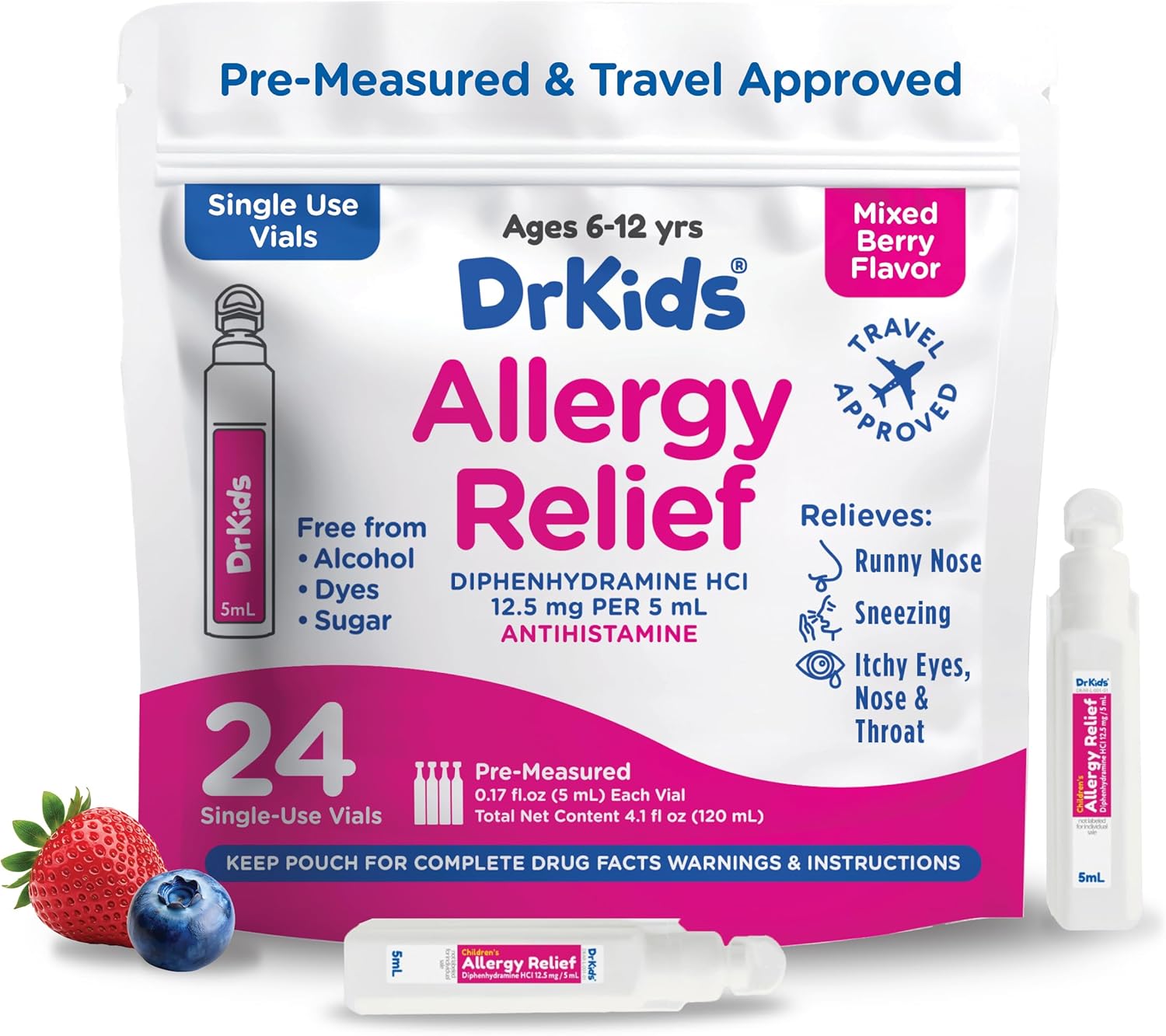 Dr. Kids Children's Allergy Relief Medicine with Diphenhydramine HCl 12.5 mg - Pre-Measured Single-Use Vials, Kids Antihistamine for Sneezing, Runny Nose & Itchy Eyes, Mixed Berry Flavor, 24 Count