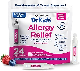 Dr. Kids Children's Allergy Relief Medicine with Diphenhydramine - Pre-Measured Single-Use Vials, Kids Antihistamine for Sneezing, Runny Nose & Itchy Eyes, Mixed Berry Flavor, 24 Count (Pack of 1)