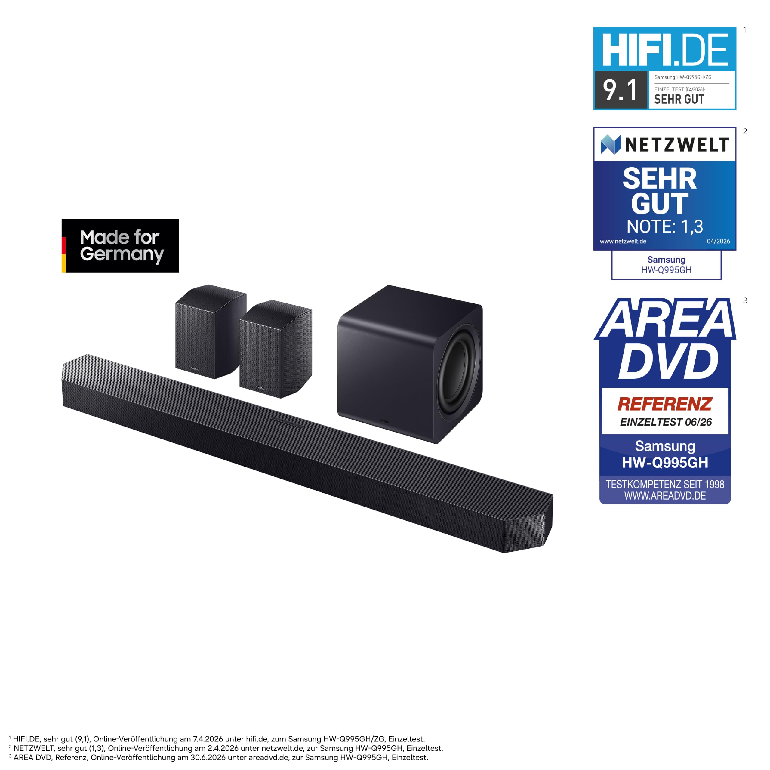 Samsung HW-Q995GH Q-Series 11.1.4-Kanal Surround-Soundbar für Fernseher, Kabelloser 8"-Dual-Subwoofer, 4.0.2-Kanal-Rücklautsprecher, Kabellos Dolby Atmos & DTS:X, SpaceFit Sound Pro, Q-Symphony, Alexa