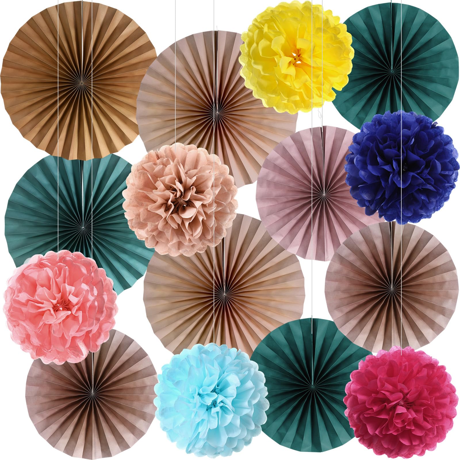 Kosiz 18 Pcs Colorful Classroom Hanging Decoration Boho Paper Fans Soft Colored Pom Poms Country School Hanging Fans Tissue Paper Flower for Room Classroom Birthday Party Supplies Decoration