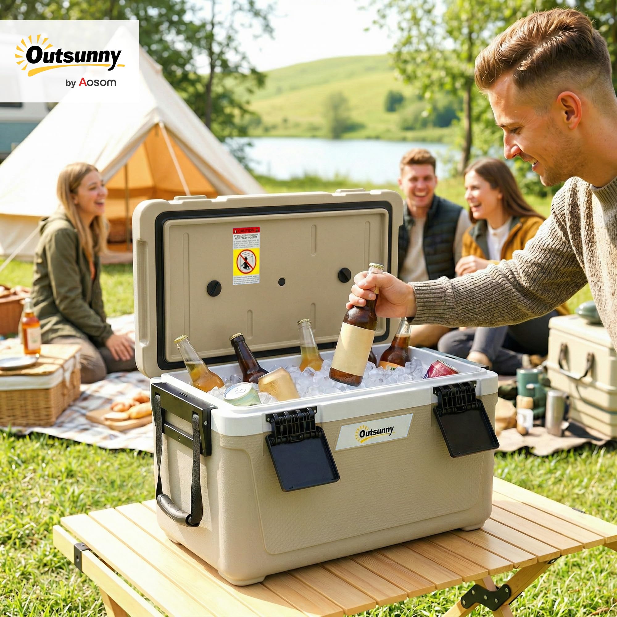 Outsunny Cooler Box 42.6L, Frigo Isotermica, Leggera e Portatile con Maniglia, Coperchio e Valvola di Scarico, Mantiene Cibo e Bevande Caldi o Freddi, Ideale per Campeggio e Picnic, Cachi