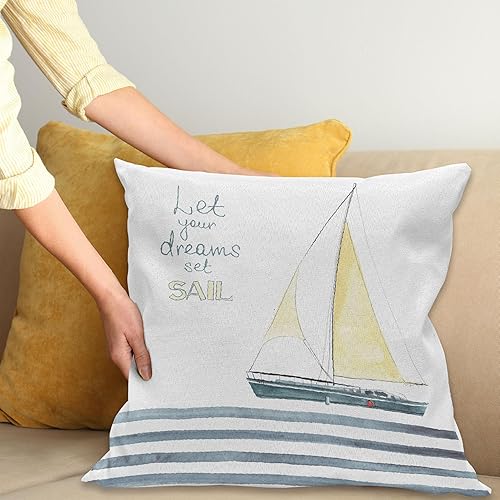 Miniatura 2 de Ambesonne Funda de cojín náutica, Let Your Dreams Set Sail Words Stripes Yacht Interior Navigation Theme, funda de almohada decorativa cuadrada, 20