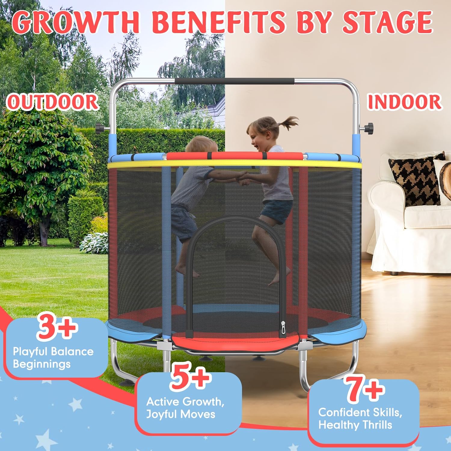 Trampoline for Kids, 55" Indoor & Outdoor Toddler Trampoline, Anti-Rollover Bottom Kids Toys with Adjustable Gymnastics Bars, Toddler Swing, Basketball Hoop