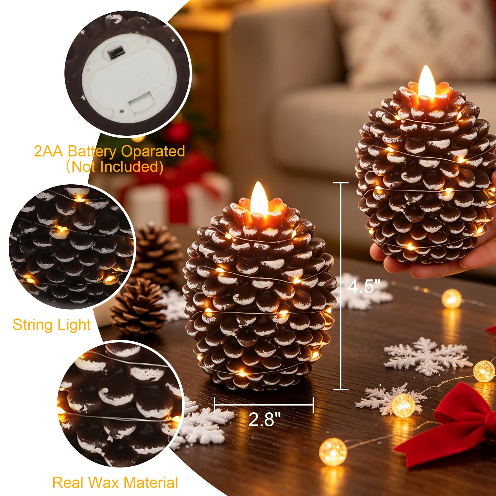 Wondise Velas sin llama de cono de pino con cadena de luces de temporizador