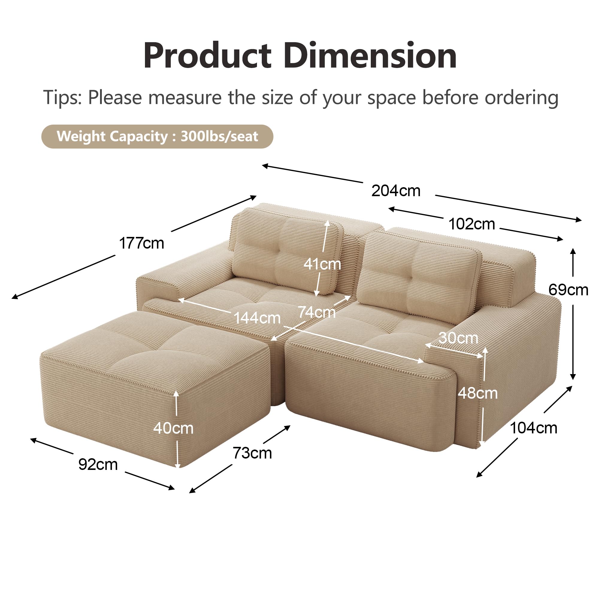 Canapé d'angle convertible, 204 cm Canapé 2 places en L, compressible canapé modulable Cloud avec assise profonde, canapé confortable et librement combinable pour le salon, velours côtelé, Beige