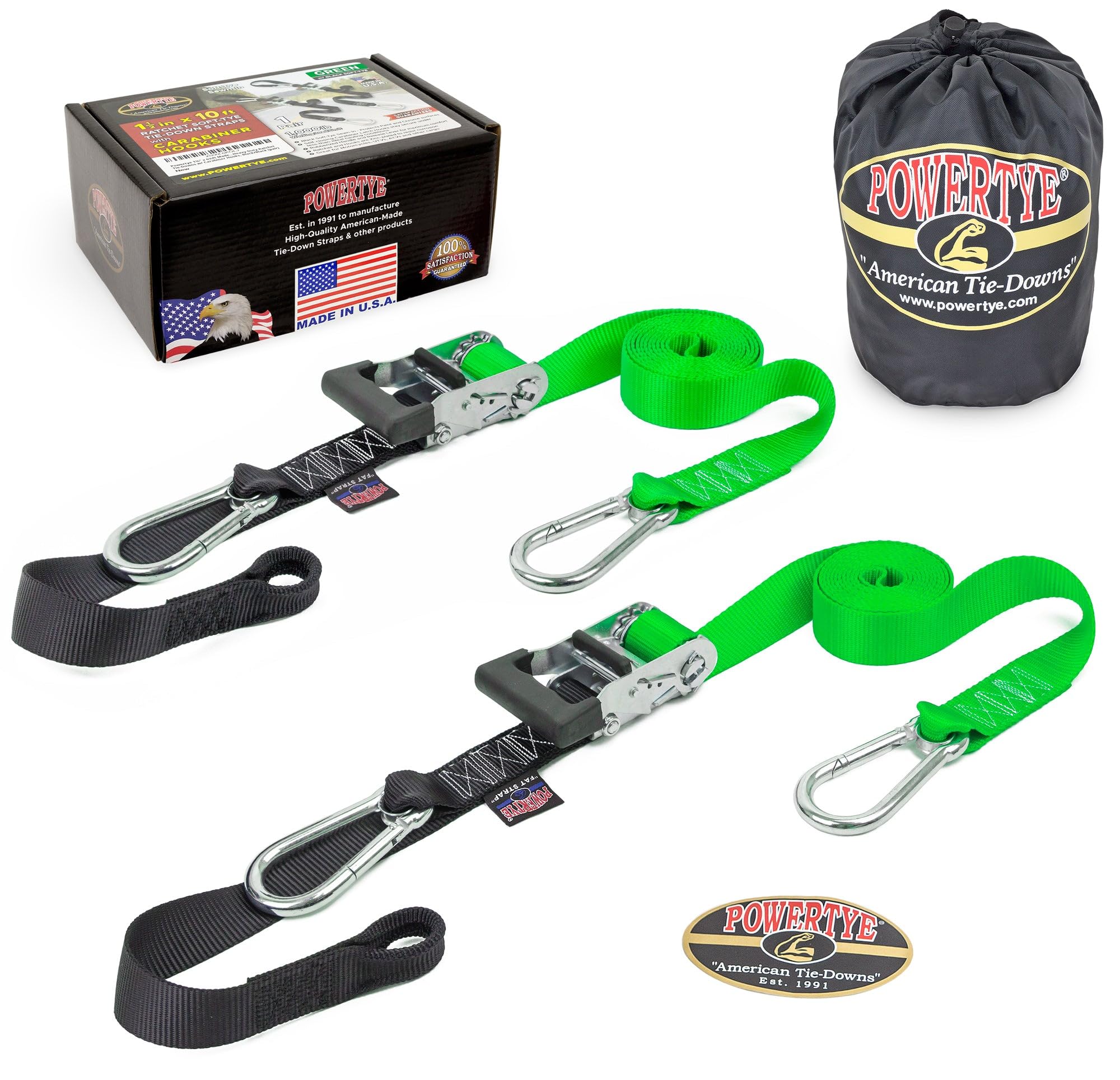 PowerTye 1.5 inch x 10ft Extra Long Ratchet Tie Down Straps, Heavy Duty with Carabiner Hooks, Soft-Tye & Bag, for Motorcycle, ATV & Cargo - 1,000 lb
