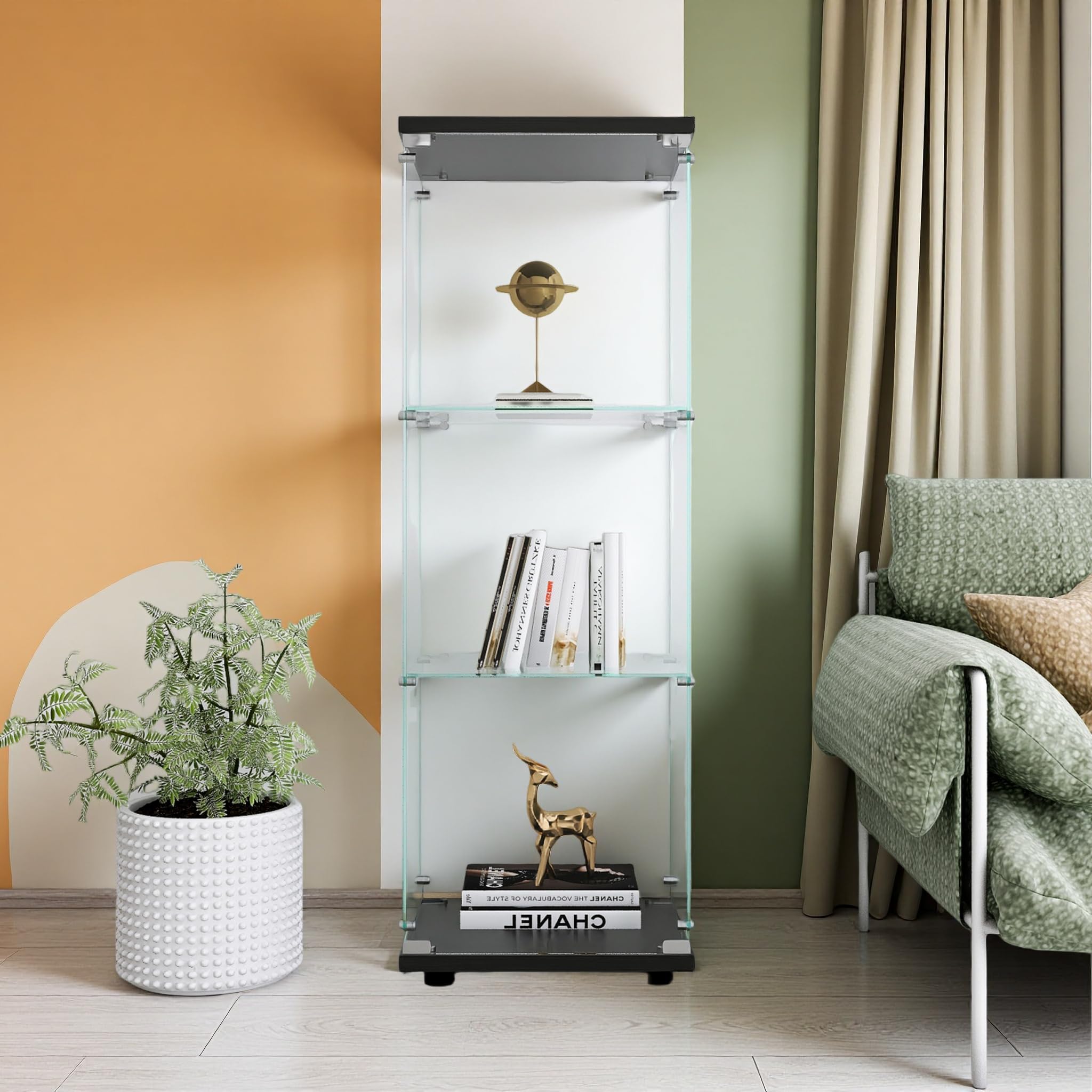 Vitrina de Cristal de 3 Capas,Vitrina expositora con Cerradura para coleccionables,Libros y Vino,Ideal para salón y Oficina,Negro