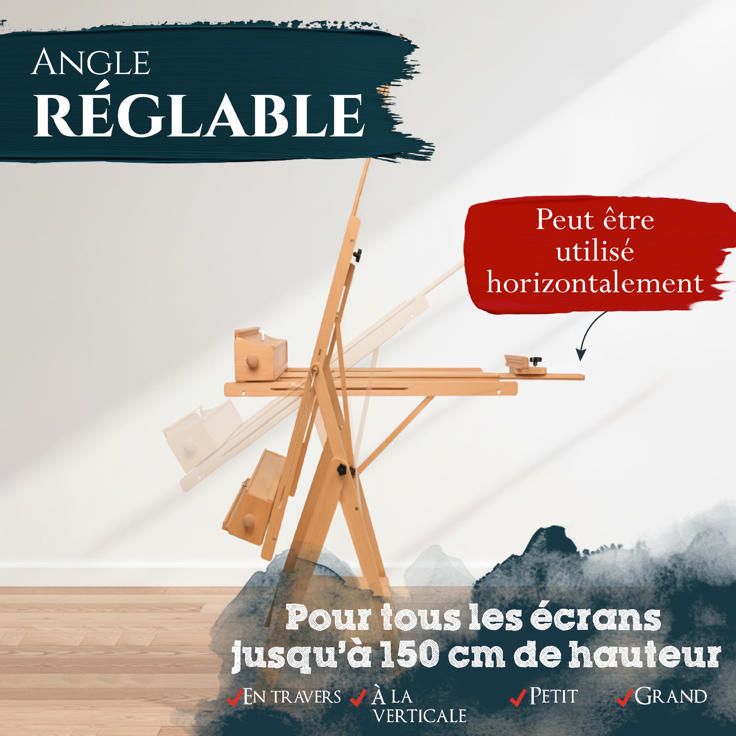 Artina chevalet de studio en bois hêtre réglable pliable pour châssis toile
