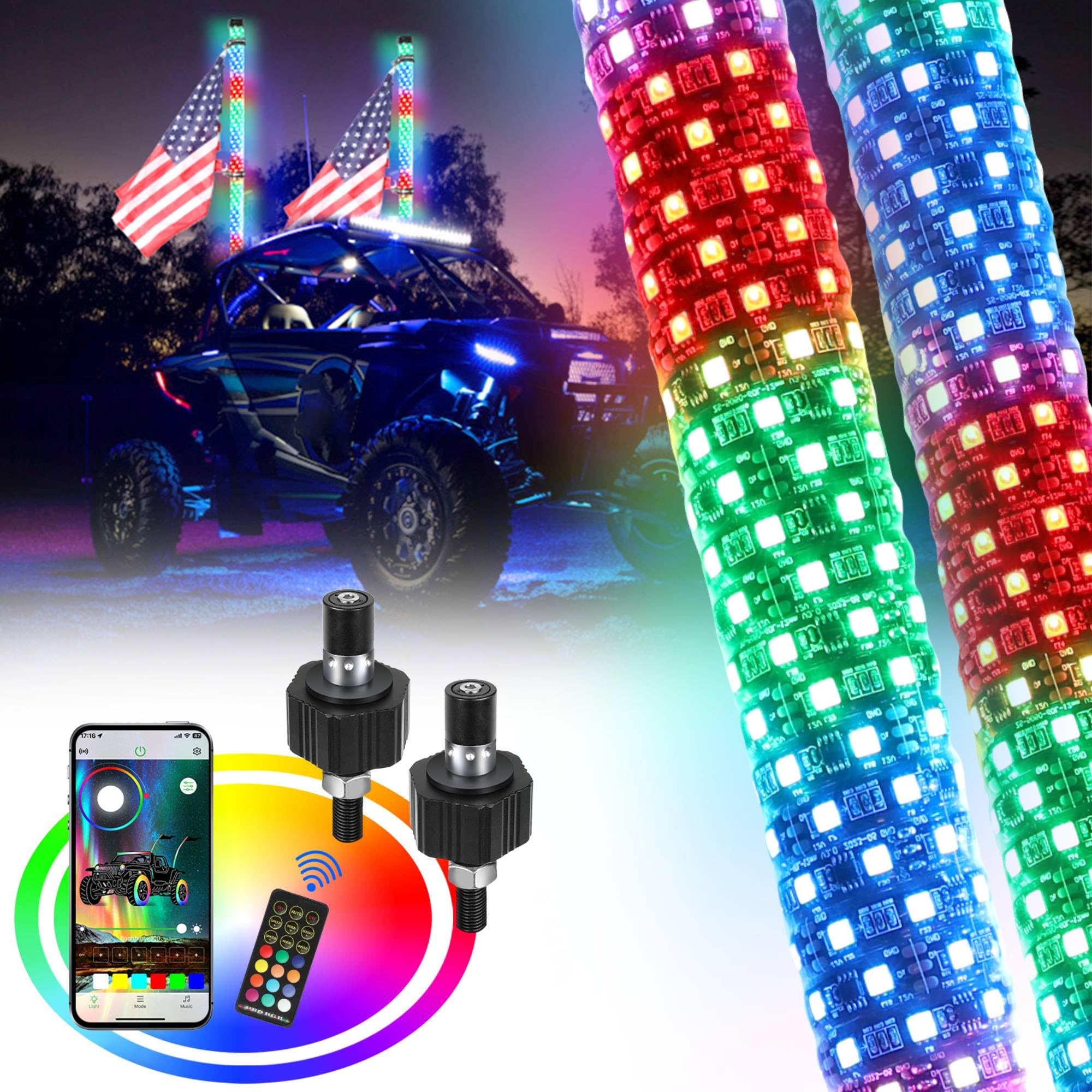 2FT Led Whip Lights for Utv ATV with DIY Length, Tripled Brighter Fat Whip Lights W/Rocker Switch & 2 Flags, Spiral Chasing Lighted Antenna Whip with App & Remote Control for RZR Sxs Can-Am