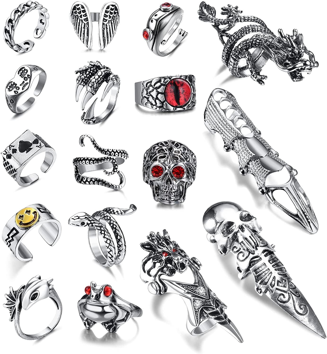 Vintage Punk Ring Gothic Open Rings Set for Men Women, Snake Men, Boho Rings, Stackable Frog Bat Spider Dragon Snake Adjustable Cool Rings（16-17Pcs） (MLU-H-R00231-style2)