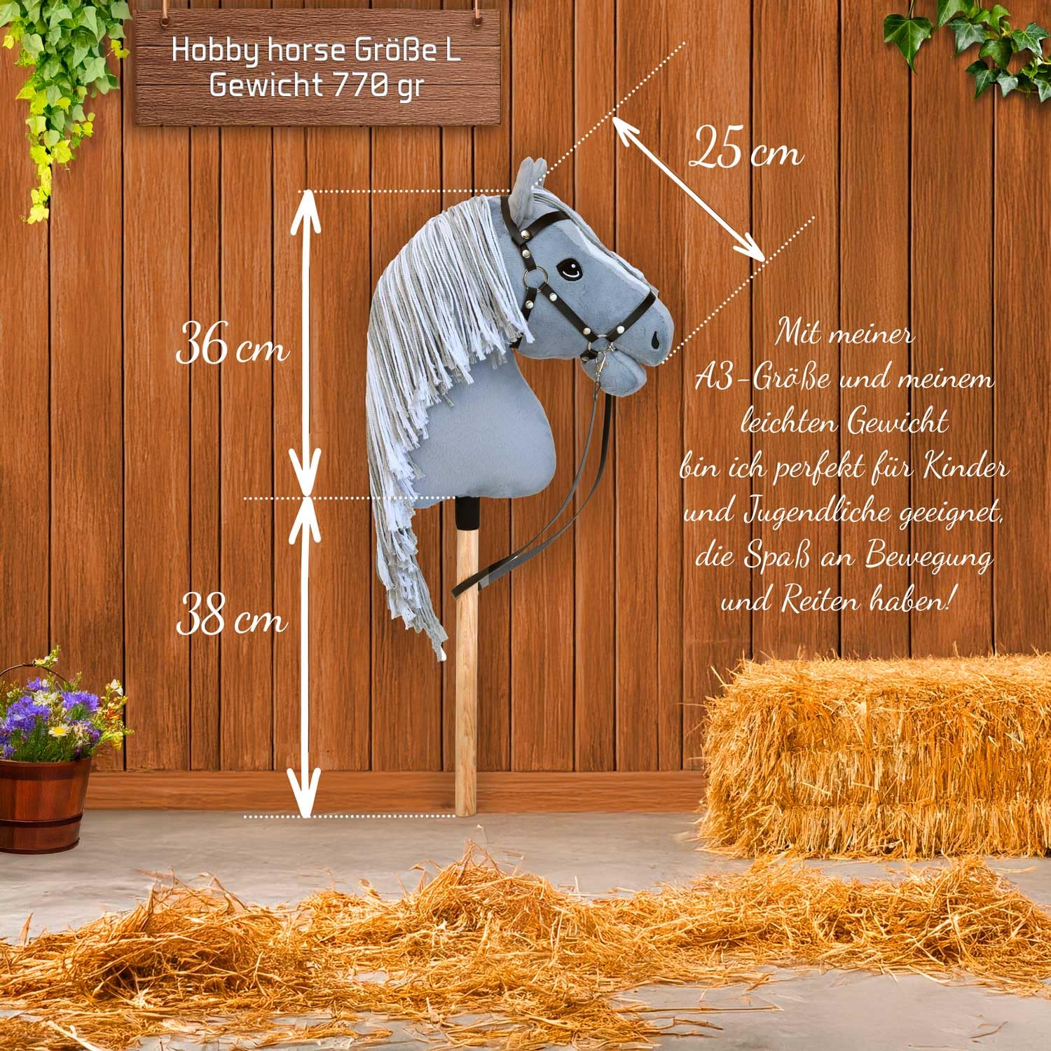 Hobby Horse grau A3, Pferd, komplett mit Netz, Gebiss, Zügel und blauer Insektenmütze, Pferdekopf für Hobby Horsing Kinder und Jugendliche