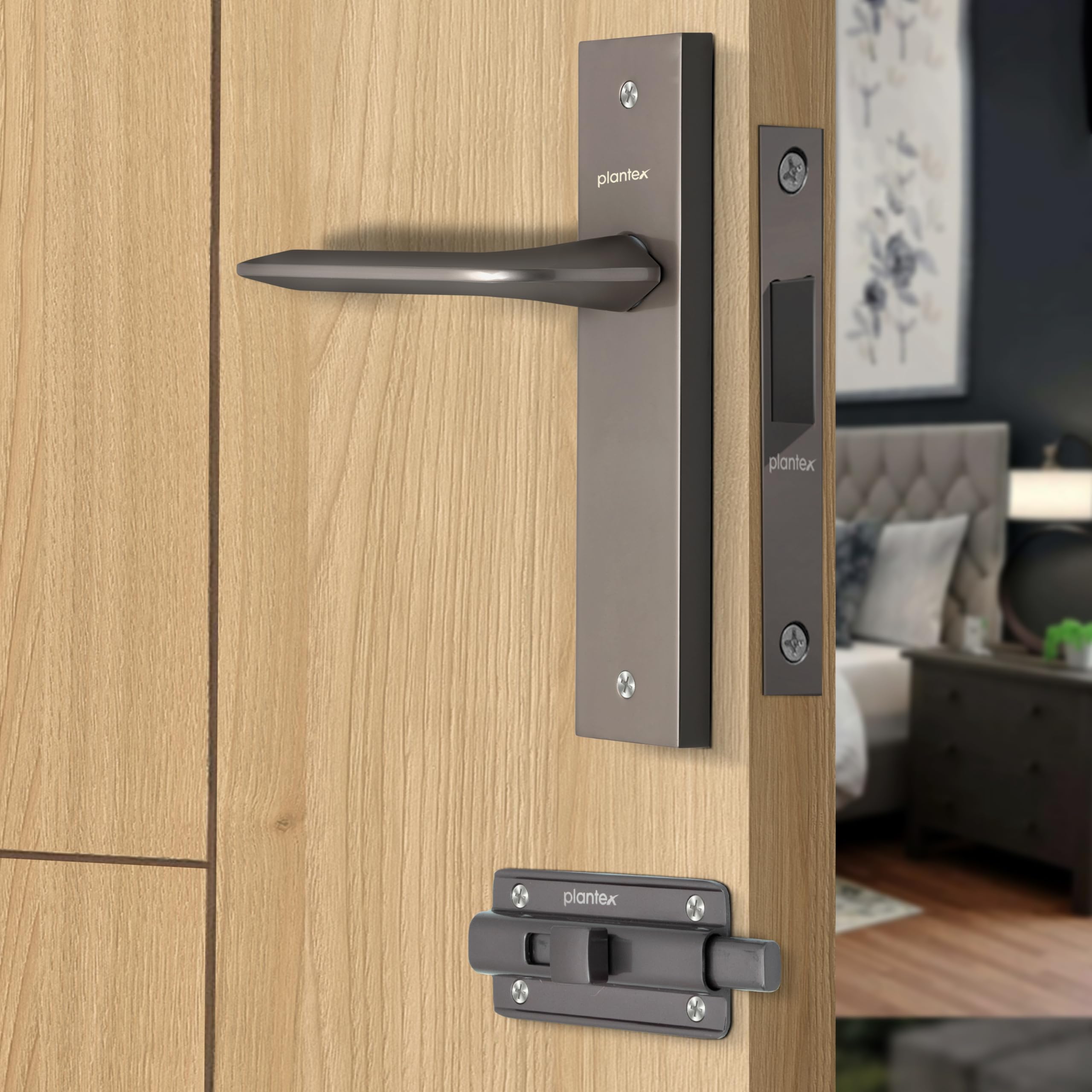 Plantex Heavy Duty Door Lock β Bathroom Door Lock/Mortise 8inch Keyless Plate Handle Set for Home/Bathroom/Store Room/Balcony/Office with Baby Latch (8105, Satin Black)