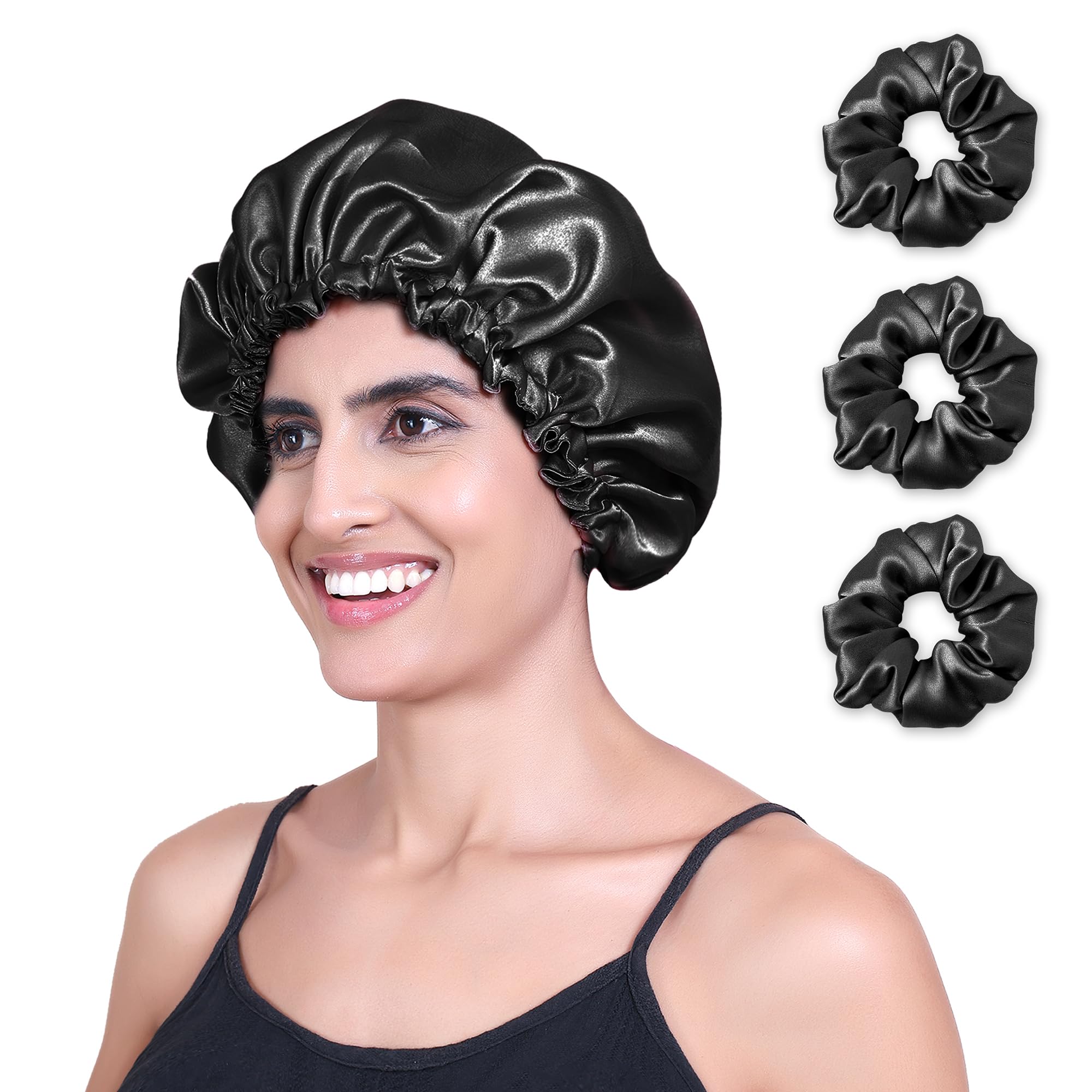 GLUN® Hair Bonnet Cap with 3 Satin Scrunchies Black Colour Combo, Soft Satin Cloth Bonnet Cap Prevents Hair Breakage, Sleep Cap for Frizz Control & Moisture Retention, Ideal for Curly & Natural Hair