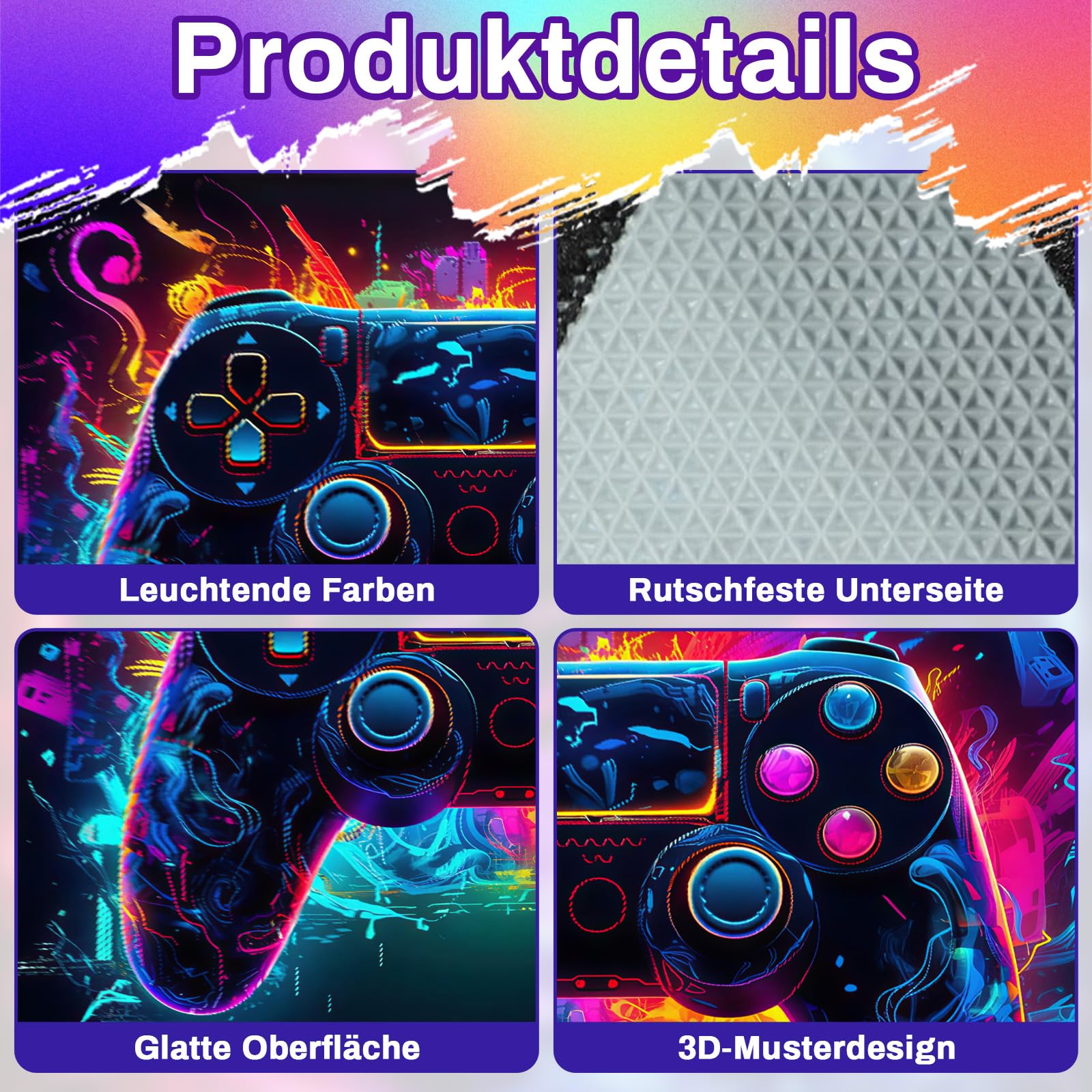 Gaming Teppich rutschfest Kristall-Samt Gamer Fußmatte, Spielkonsolen-Teppich, Neon Farben, Coole Deko für Jungen Teenager Schlafzimmer Wohnzimmer 120x160cm
