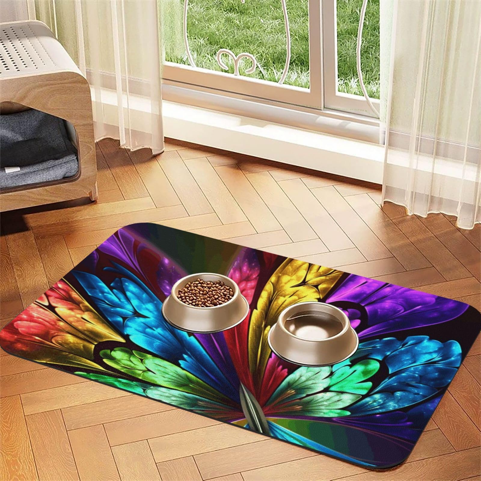 Tapis de nourriture pour chat imperméable et absorbant Rainbow Butterfly 40x60