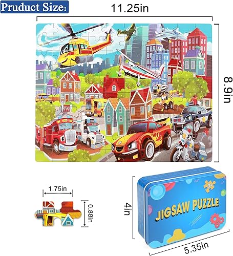 Miniatura 2 de LELEMON Rompecabezas para niños de 4 a 8 años, rompecabezas en una caja de metal para niños y niñas, 100 piezas, camión de bomberos, ambulancia,