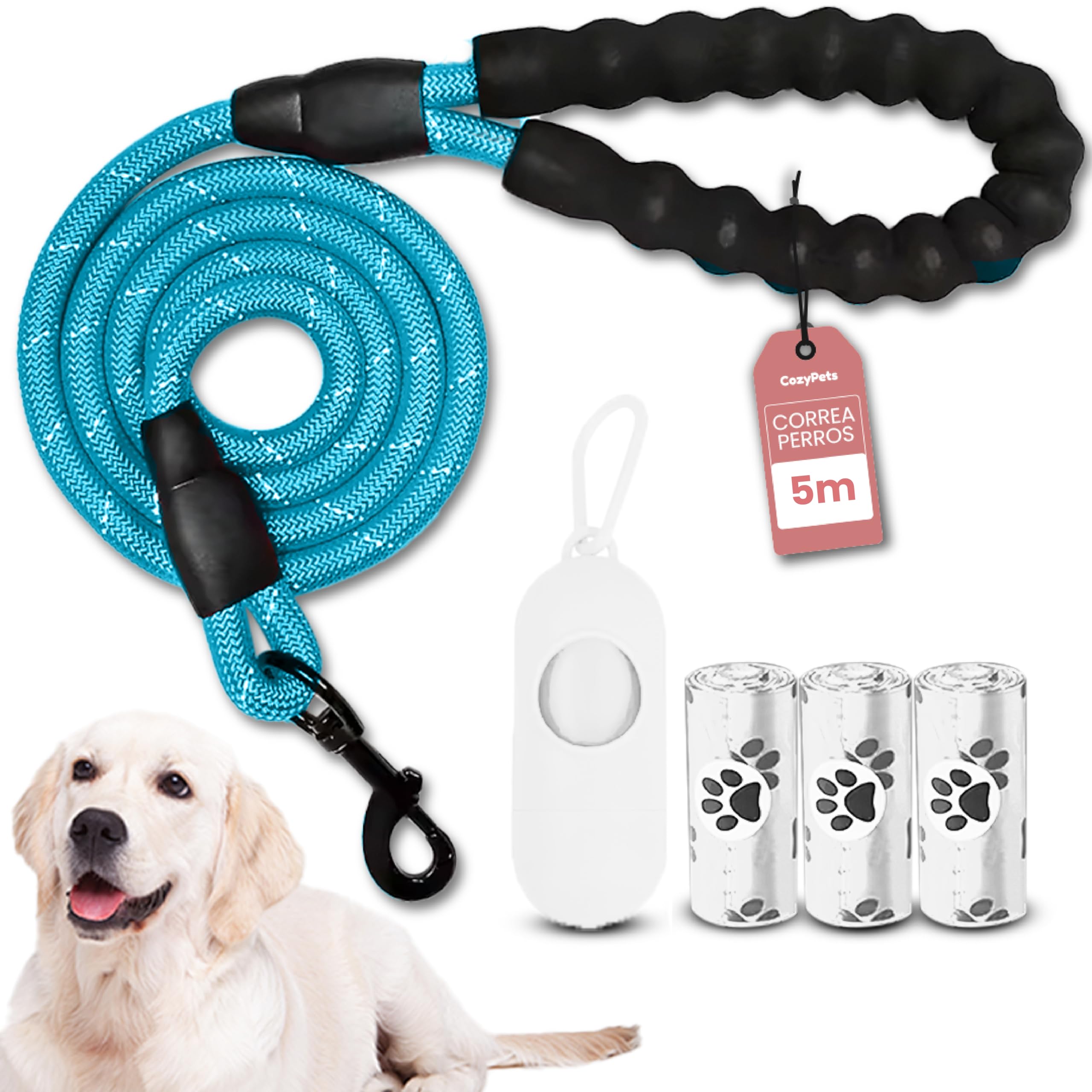 COZYPETS Correa para Perros Medianos y Grandes - Correa perros larga de 5m con Mango Acolchado para Adiestramiento - Incluye 3 Bolsas para Excrementos y Dispensador - Duradera y Cómoda (AZUL, 5metros)