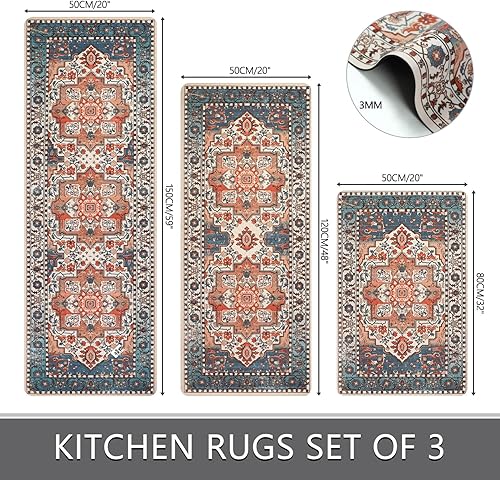 Miniatura 2 de Falflor Juego de 3 alfombras de cocina vintage, antideslizantes, lavables, alfombras de cocina y alfombras de casa de campo, para cocina, entrada,