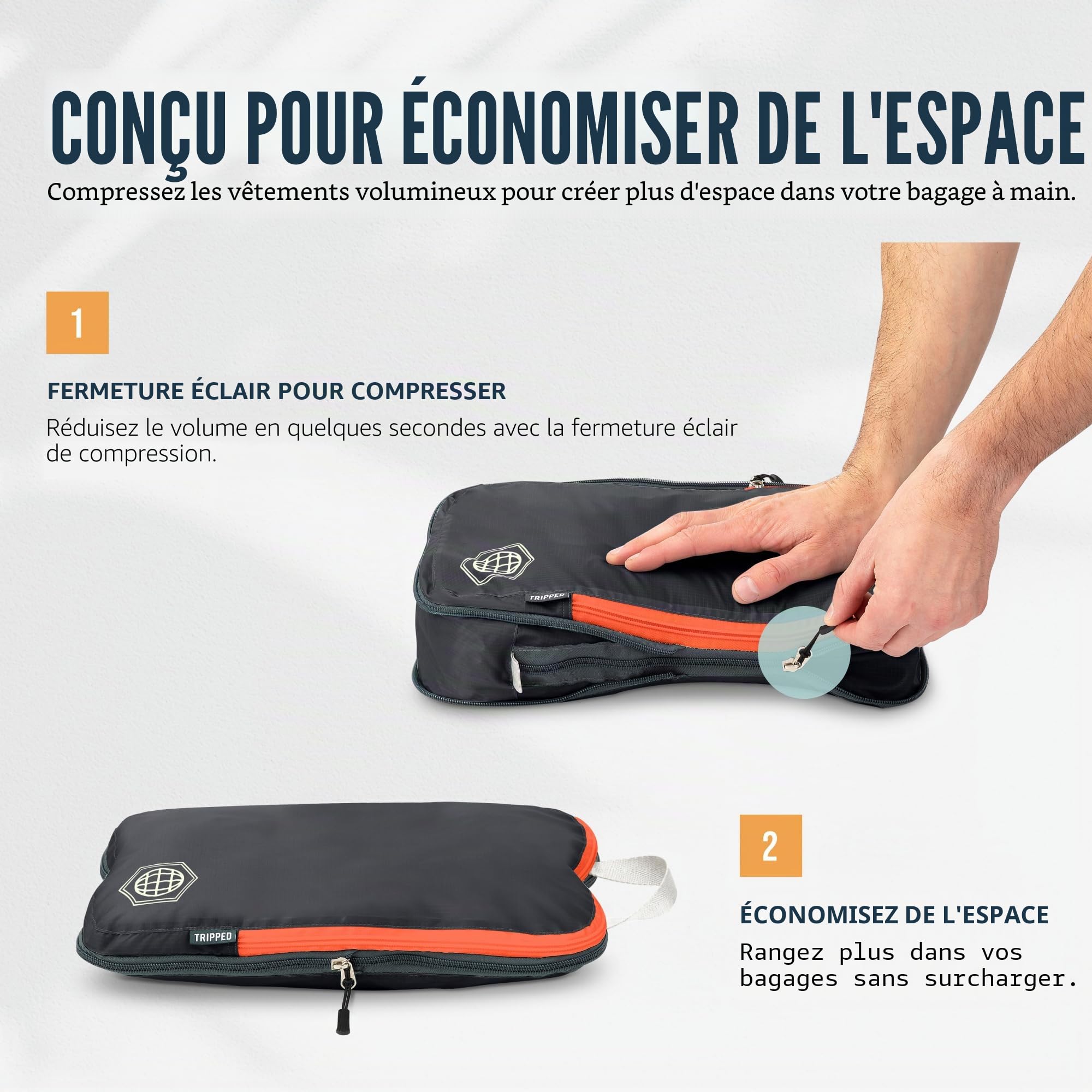 Lot de 6 cubes d'emballage de compression pour voyage, gris et orange