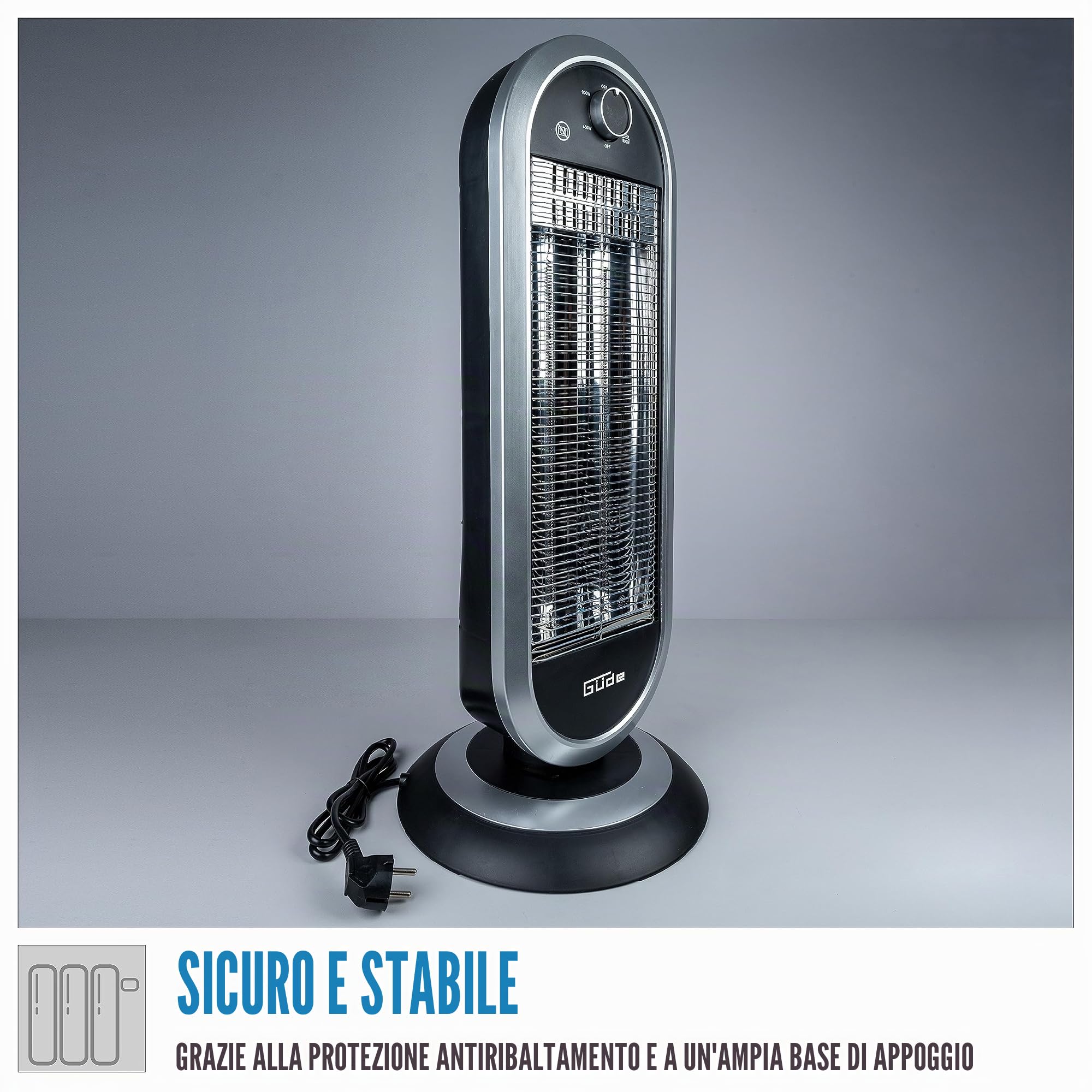 Güde Stufa a infrarossi GIH 900 (900 W di potenza di riscaldamento, 2 livelli di riscaldamento (450/900 W) con o senza oscillazione, 20 m³ max. capacità di riscaldamento ambiente, elementi riscaldanti