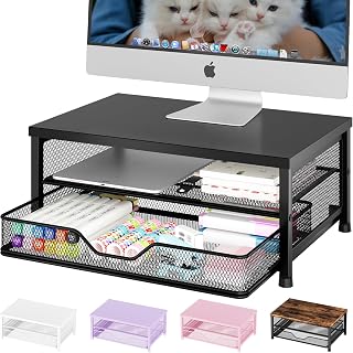 OPNICE Metal Monitor Stand Riser with Drawer - Ergonomic Desk Organizer, Laptop Stand for Office Supplies & Workspace (Black)
