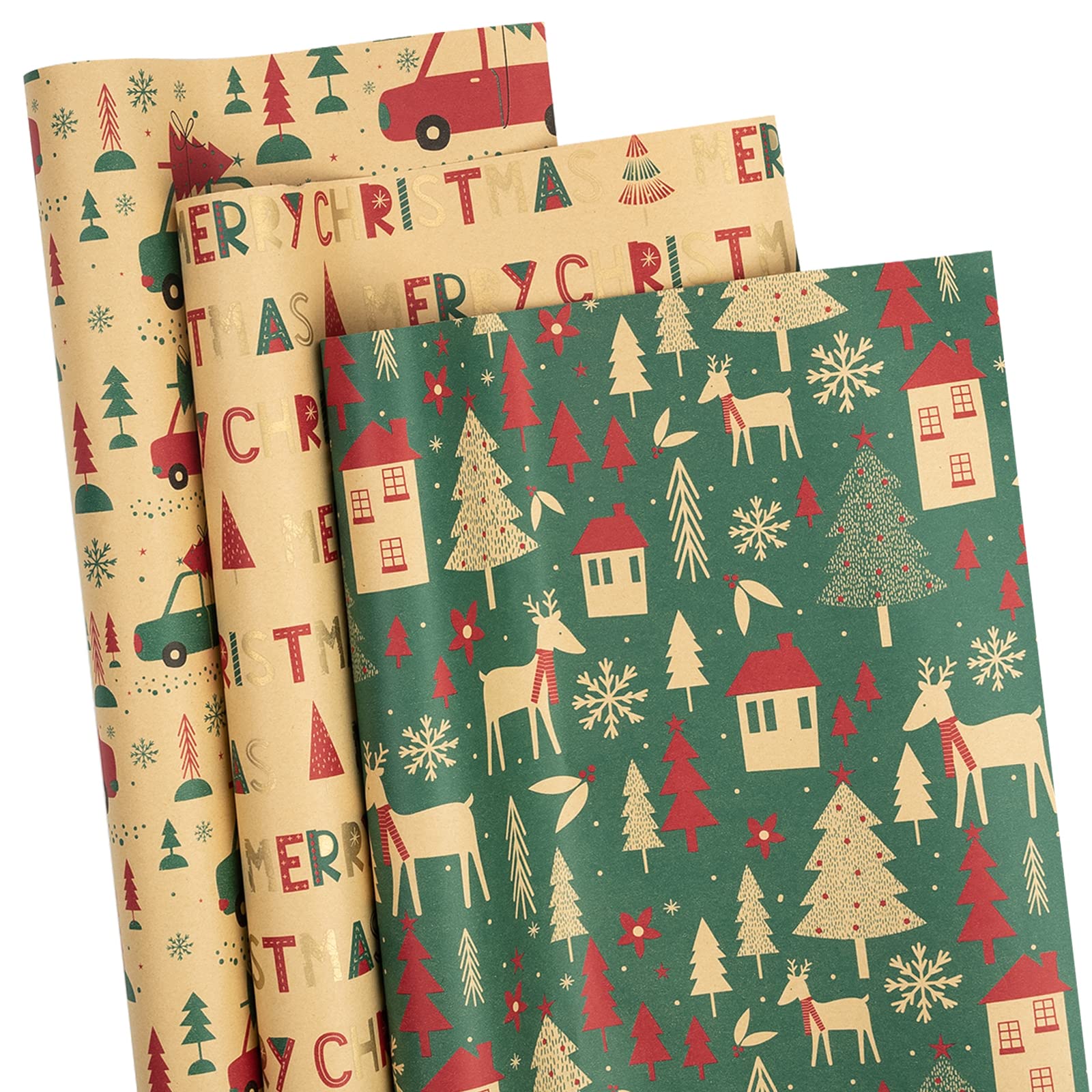 RUSPEPA Christmas Wrapping Paper Roll - Mini Roll - Car & Christmas Tree Design - 43 cm x 3 Meters per Roll, Total of 3 Rolls