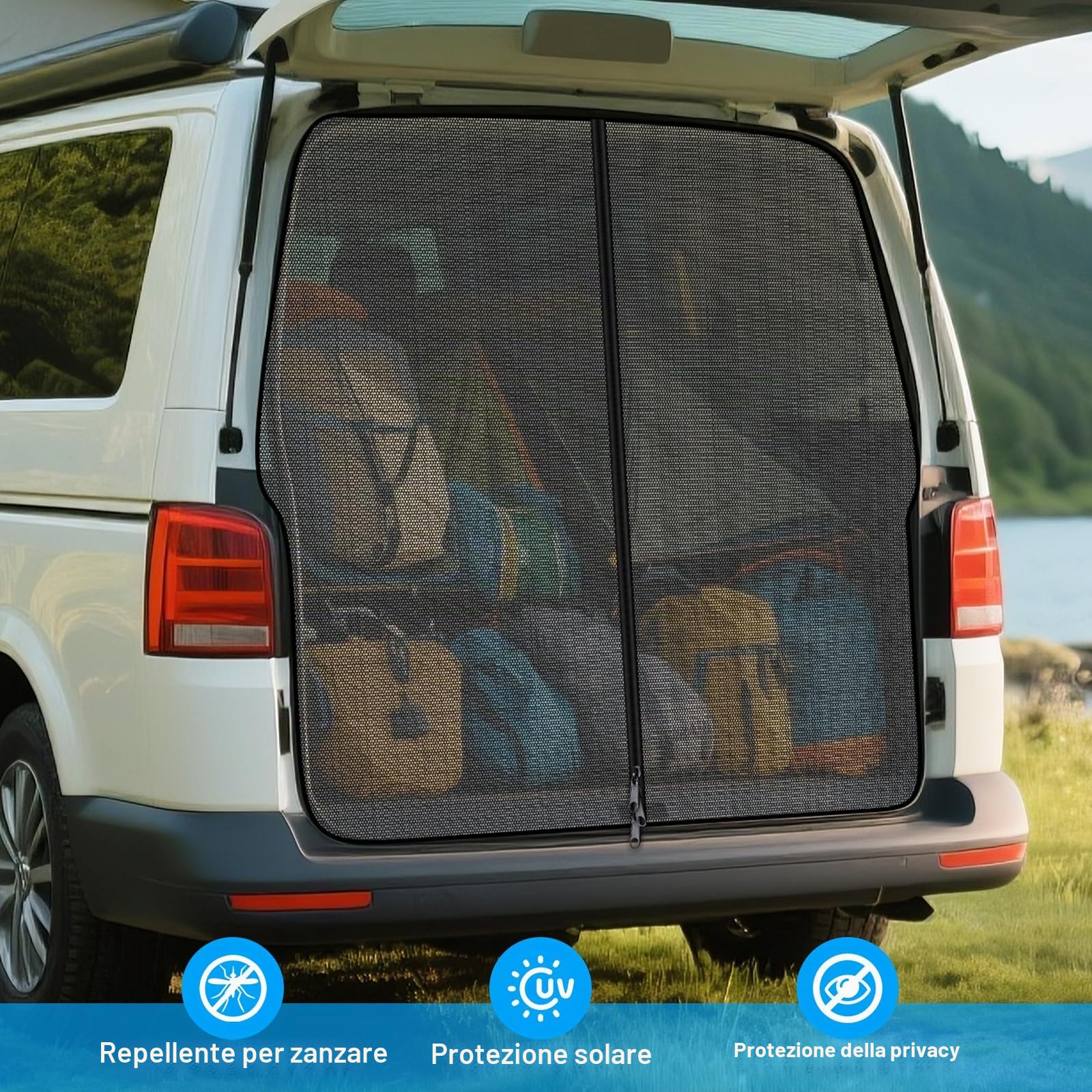 ZATOOTO Portellone Posteriore Per Auto Zanzariera Per VW T5 T6, Zanzariera Magnetica con chiusura lampo Protezione Insetti Solare,Rete Ombreggiante Porta Laterale Campeggio