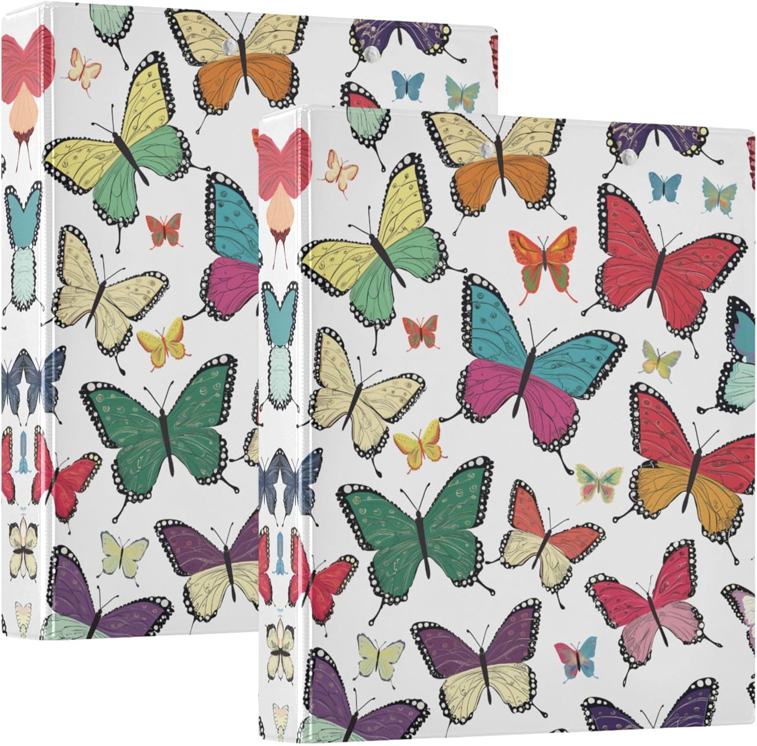 Colorful Butterflies 3 Ring Binders, 1.5” Round Ring Binders with Clipboard - Letter Size, 3 Interior PVC Clear Pockets & Anti-Slip Clip for Office School Supplies, 2PCS