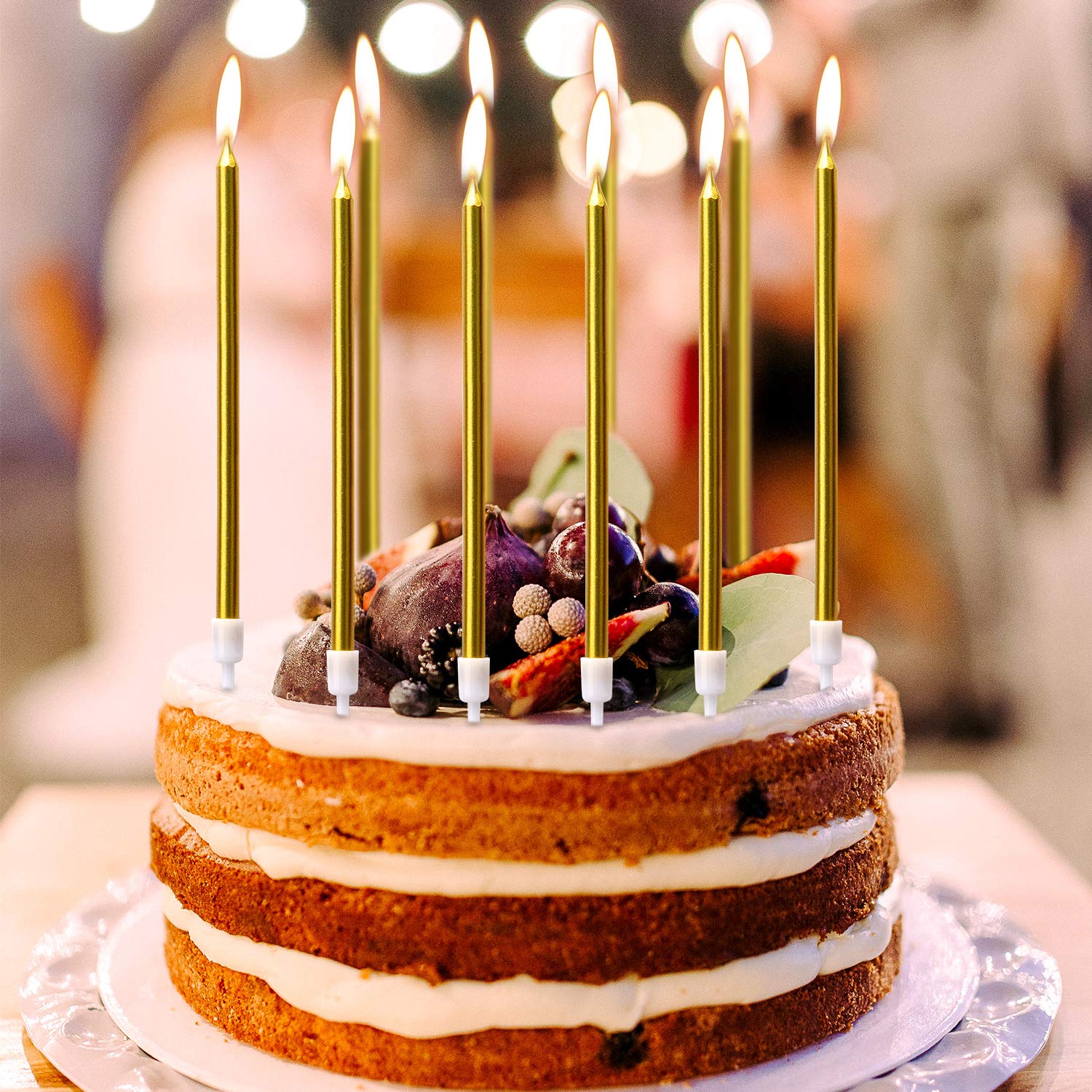 Bougies Métalliques Or URAQT - 24 Pièces Avec Supports - Longues Et Minces Pour Gâteaux Mariage Anniversaire