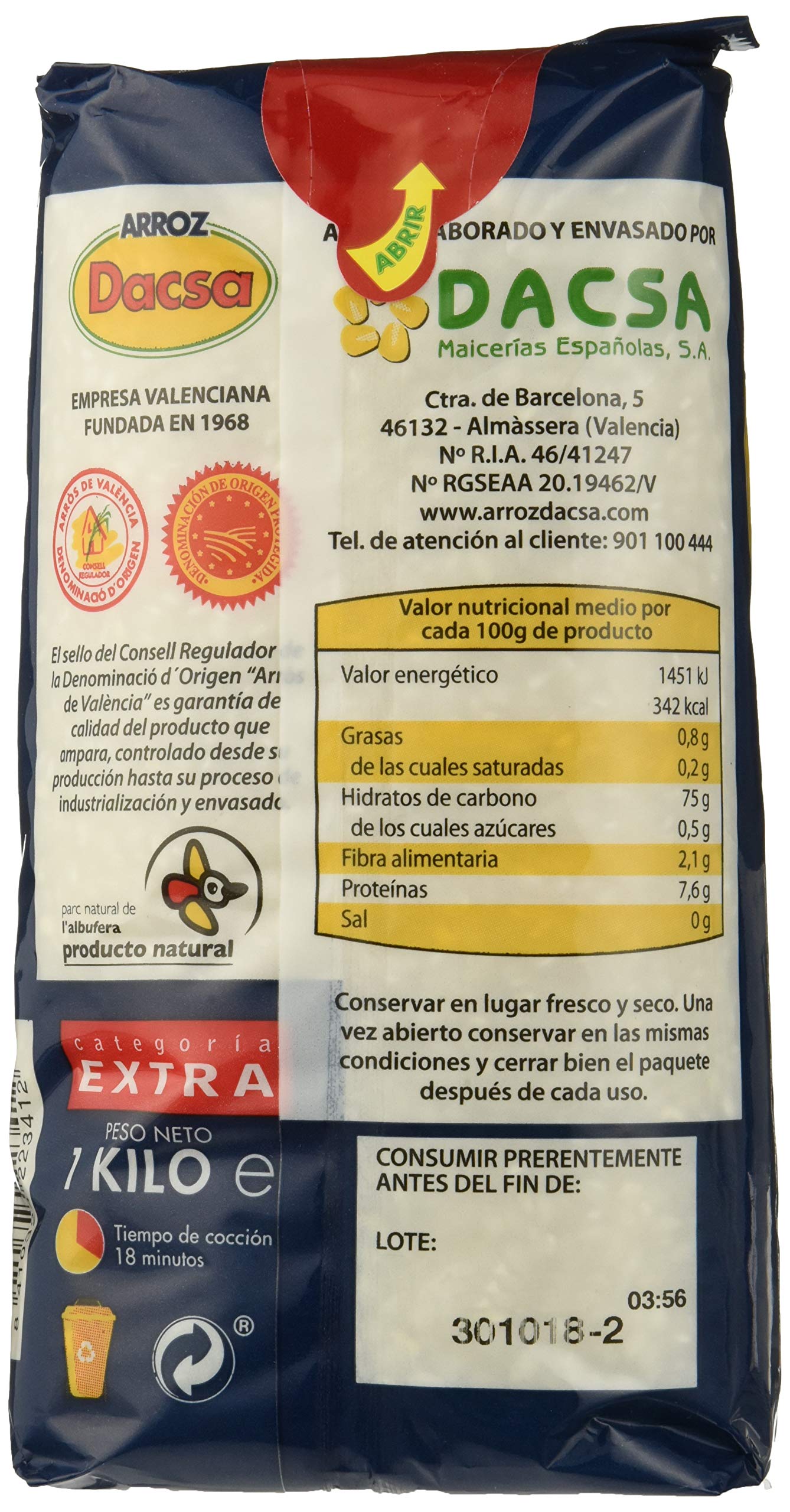 Dacsa Arroz Blanco Redondo - Paquete de 6 x 1000 gr - Total: 6000 gr