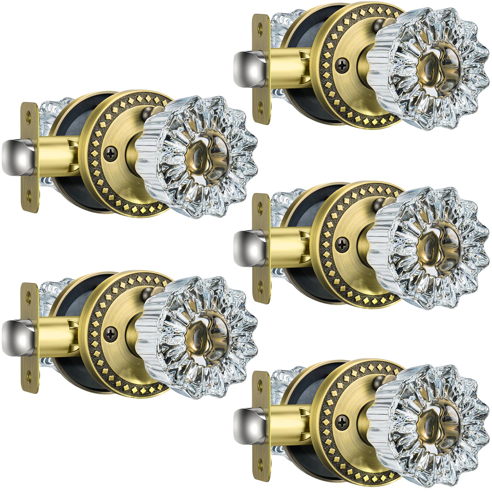 Antique Brass Glass Door Knobs - 3 Pack with Lock -9