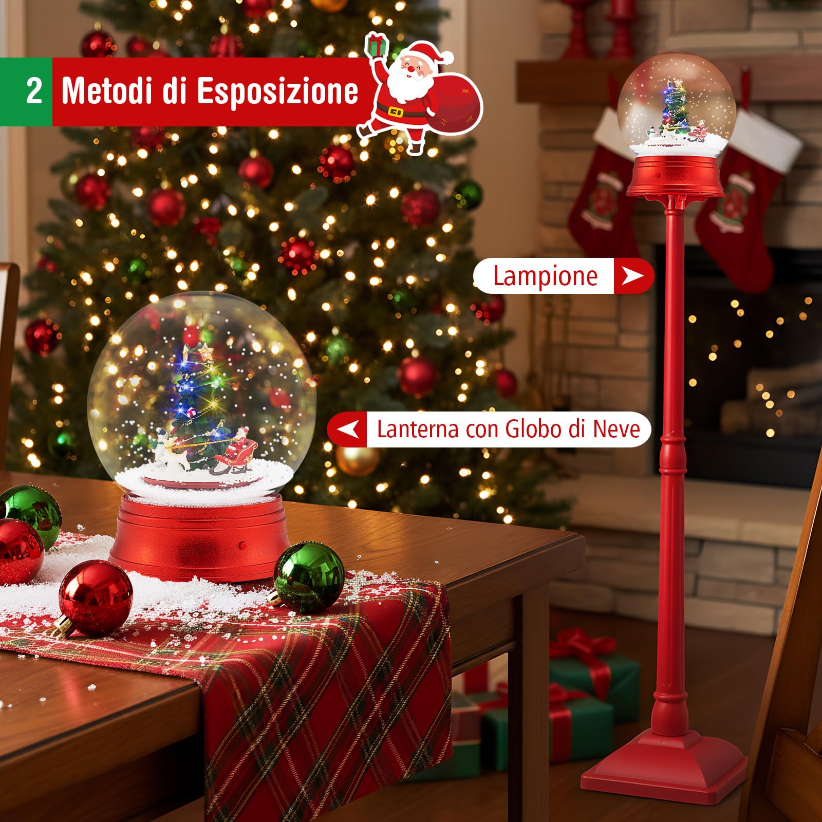 COSTWAY 150 CM Lampione Natalizio Musicale, Lampada Festiva con Lanterna a Globo di Neve Attivata dal Suono, Albero di Natale, Babbo Natale, Soldato e Scatole Regalo (Modello 3)