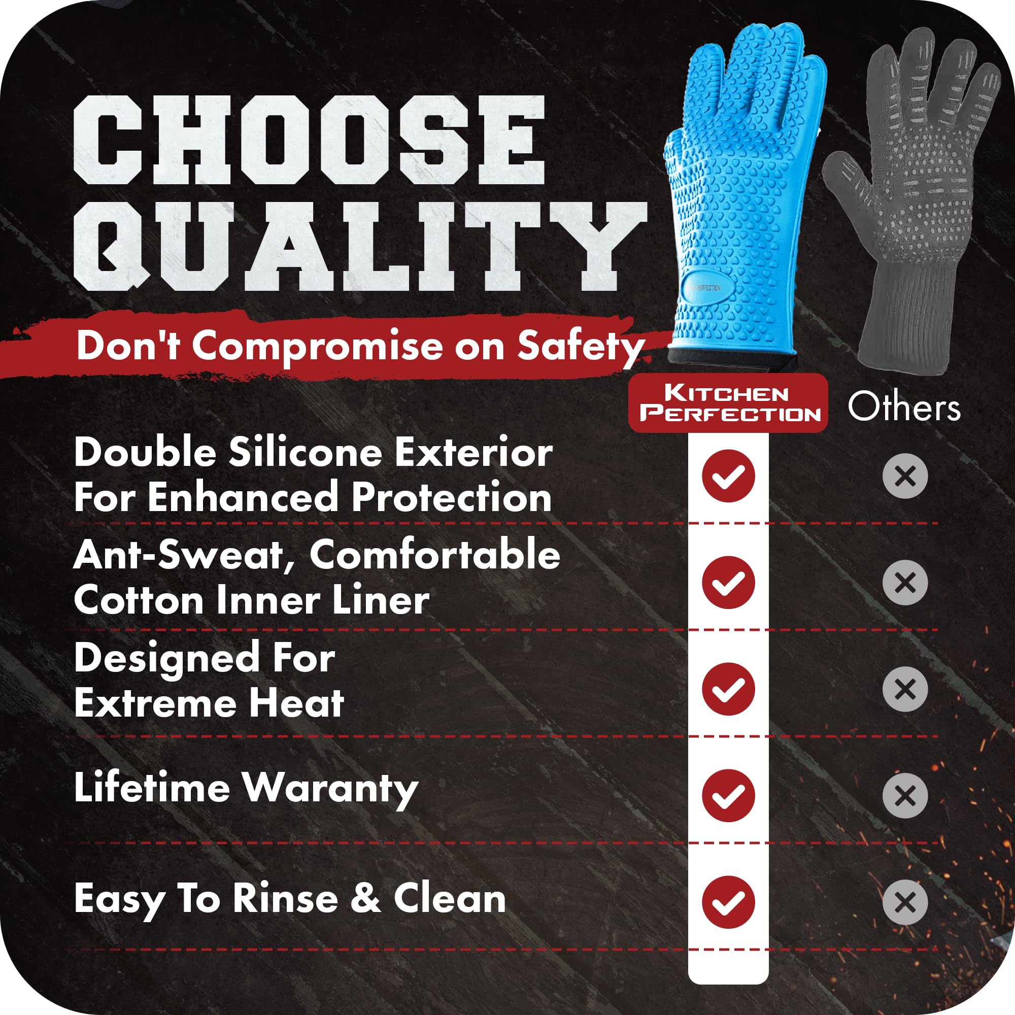 KITCHEN PERFECTION Guantes de silicona XL para horno y ahumador, guantes extremadamente resistentes al calor, maneja alimentos calientes directamente en tu parrilla, freidora y hoyo, guantes
