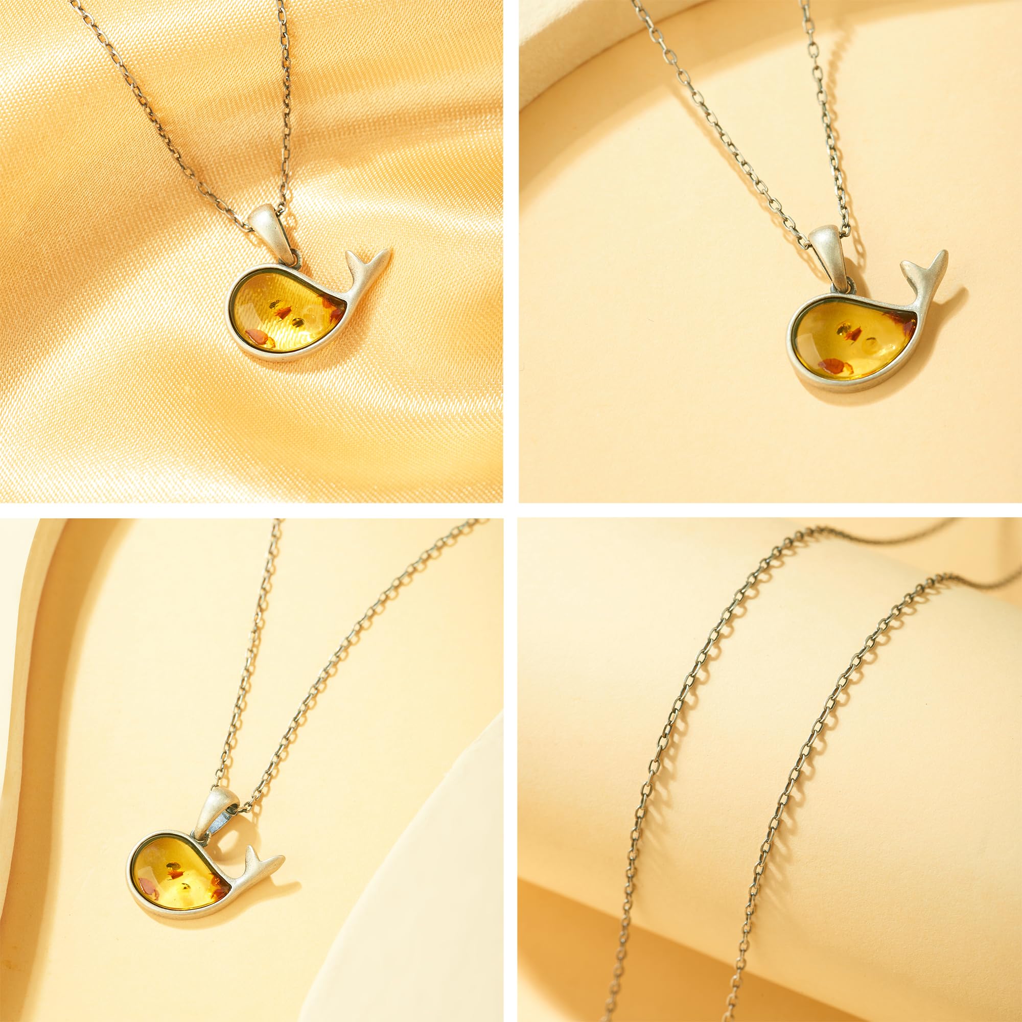 925 collar de ámbar natural del mar Báltico incrustado plata pura, diseño fresco pequeño delfín, colgante de piedra de energía ámbar pulido, caja de regalo de madera embalaje