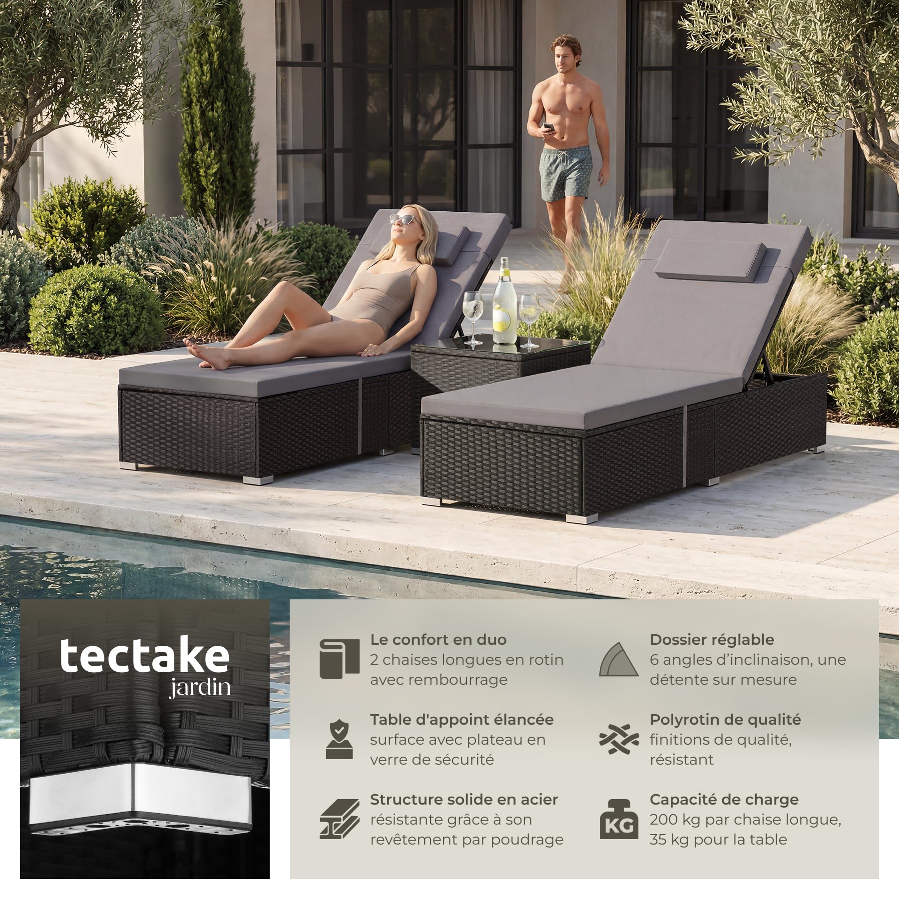 tectake® Chaise longue double en rotin 62x196x36 cm, Table d'appoint incluse, Transat Jardin Exterieur réglable 6 positions, Résistant aux UV et Intempéries, Bain de Soleil Max. 200kg, Jardin, Piscine