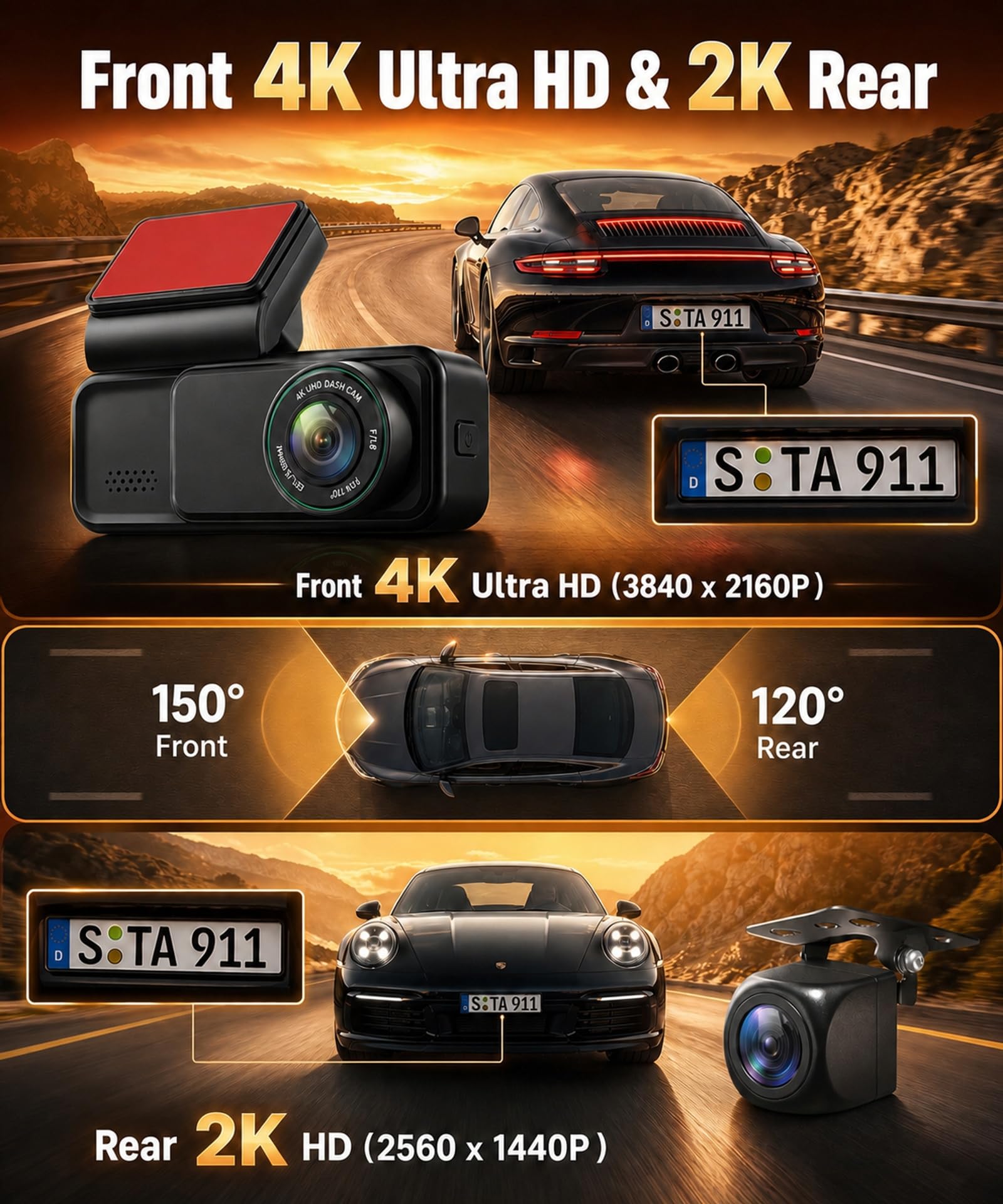 Rimoody Dashcam 4K con GPS, Doppia Telecamera Auto 3.16 Pollici, 4K Frontale + 2K Posteriore, Angolo 150°+120°, WiFi Dual-Band 2.4/5.8GHz, ADAS, Registrazione Ciclica, G-Sensor, Include Scheda 64GB